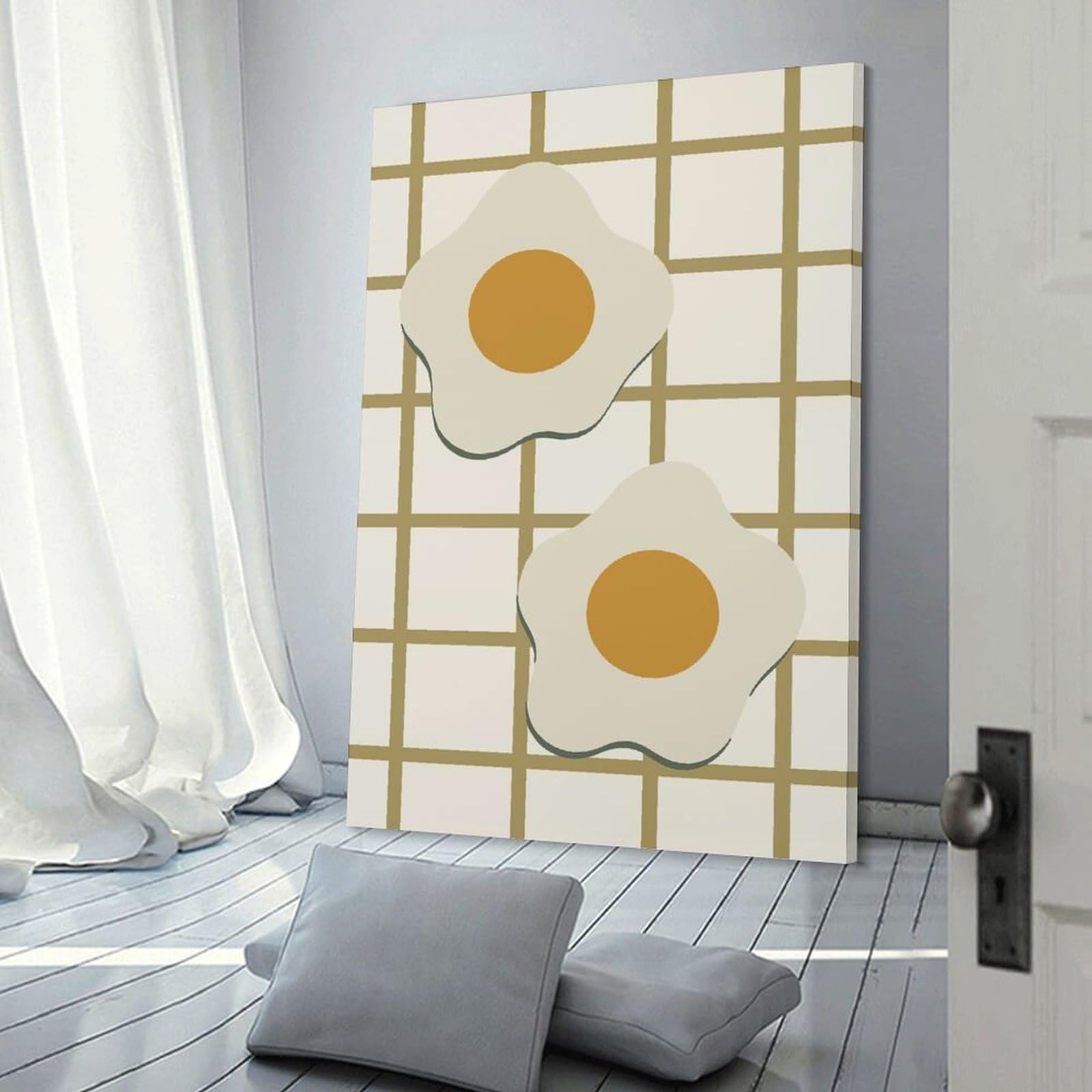 Junmoney Two Fried Eggs on Grid Background Wall Decor Canvas Print, 12x18inch(30x45cm), for Living Room, Bedroom Or Home Office, Home Decor Gift with Stylish Appeal