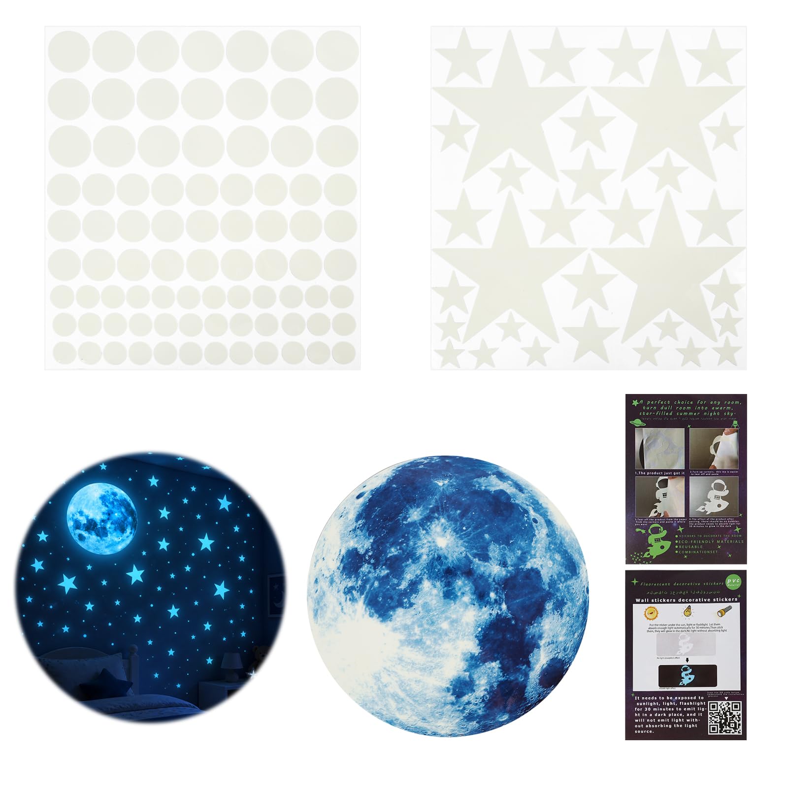Pegatinas de pared fosforescentes Luna Estrellas compatibles con dormitorio salón, pegatinas adhesivas, color azul 20 cm