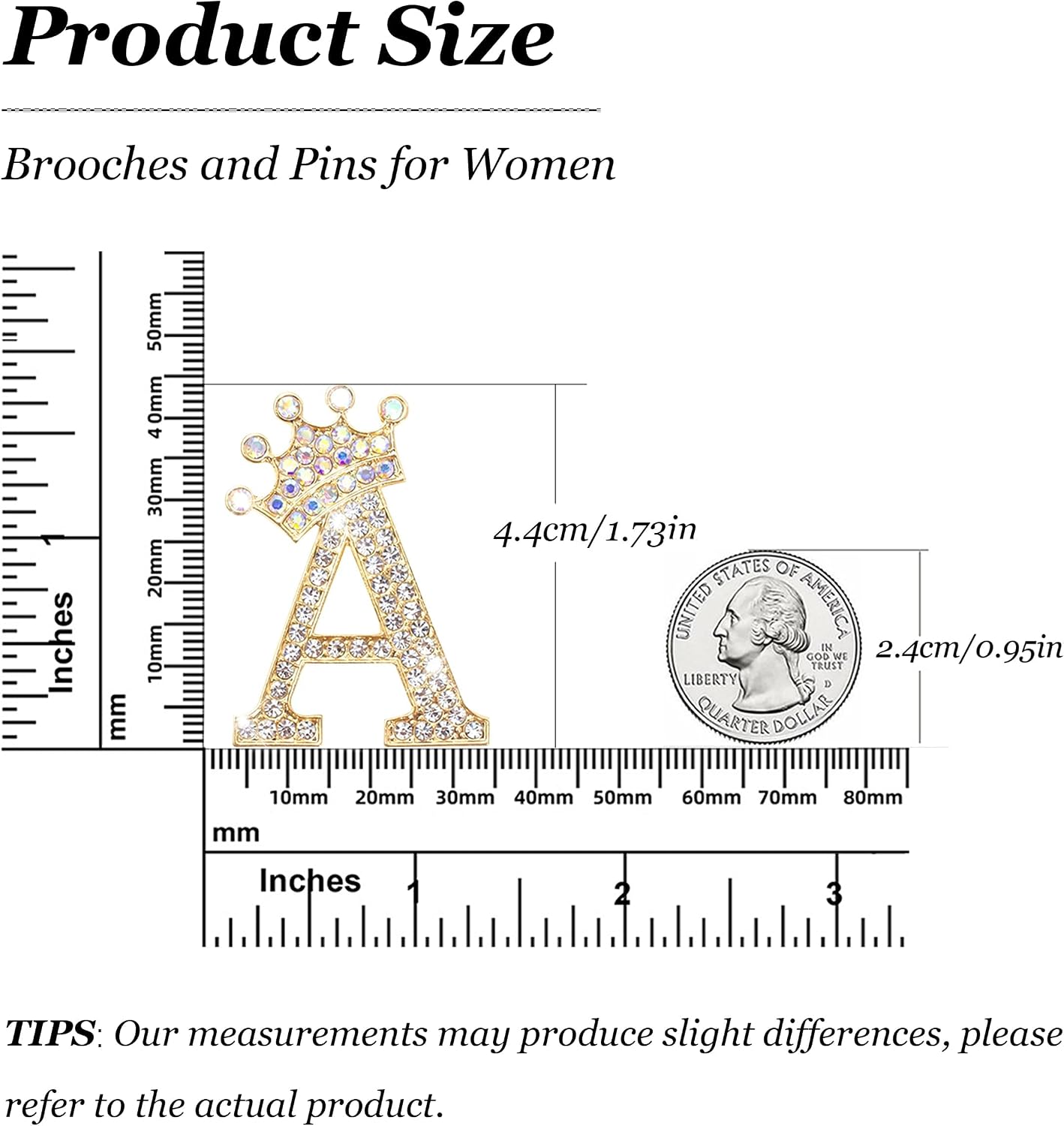 Initial Letter Brooch Pin for Women Crown Rhinestone Alphabet Brooch