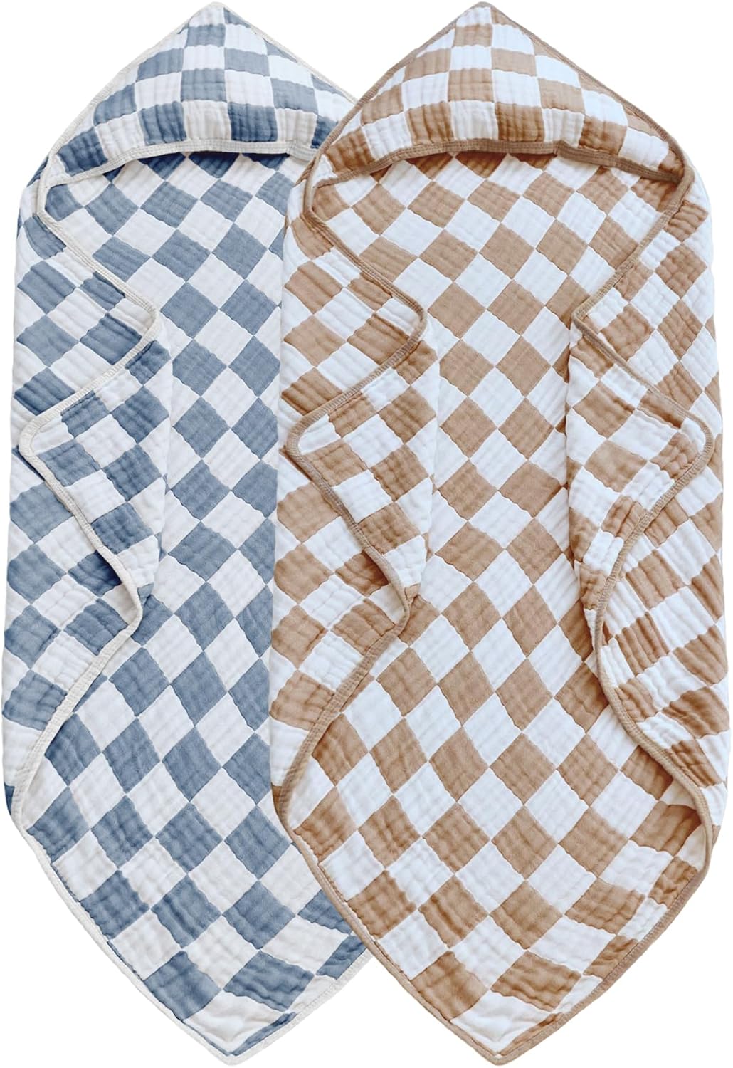 Ultra Soft Checkered Muslin Hooded Baby Towels for Newborn Boys and Girls 2 Pack 32x32 inch Cotton Muslin Baby Bath Towels for Newborns Toddlers,Newborn Essential (Blue and Coffee)