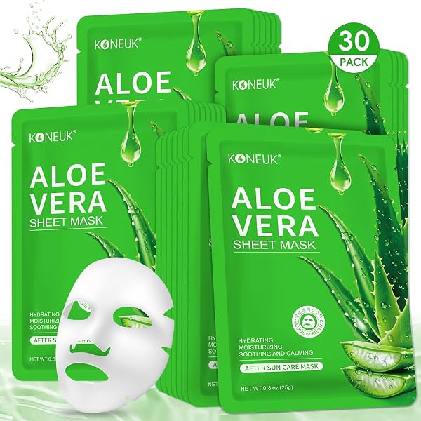 30 Pack Mascarillas Faciales Hidratantes de Aloe Vera para el Cuidado de la Piel, Humectantes y Calmantes | Mascarillas de Sábana para el Cuidado de la Piel, Mascarillas de Aloe al por Mayor para el Cuidado Post-Solar, Regalos de Spa para Mujeres Todo Tipo de Piel 1 Unidad (Paquete de 30)