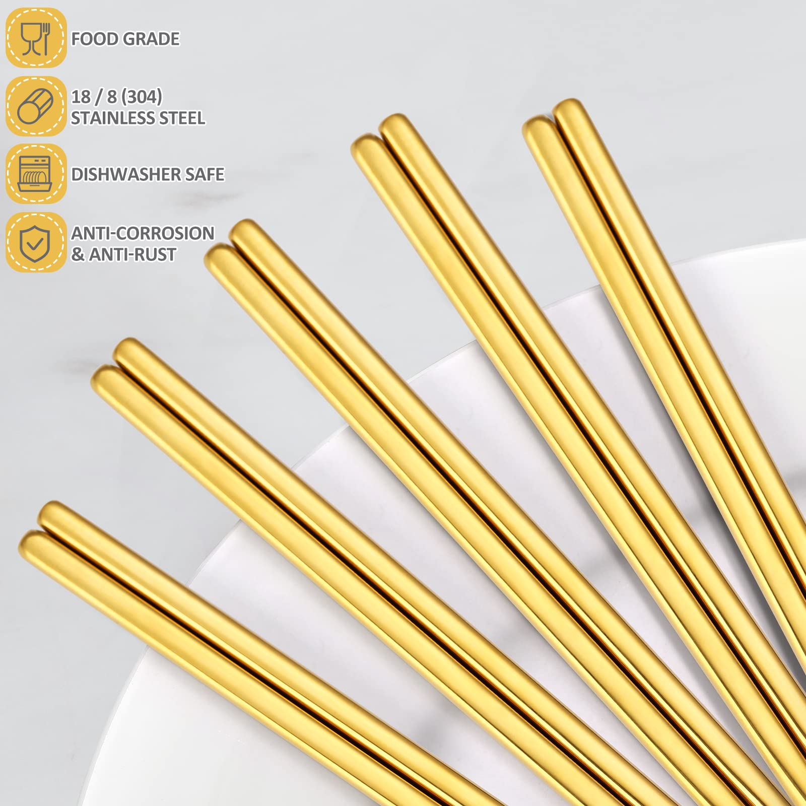 Gold Stainless Steel Chopsticks - Reusable Chopsticks - 5 Pairs Dishwasher Safe Metal Chopsticks - Easy to Use - Pressure Line Lightweight Chop Sticks- Gift Set（9 Inch ） — Amazon image 3