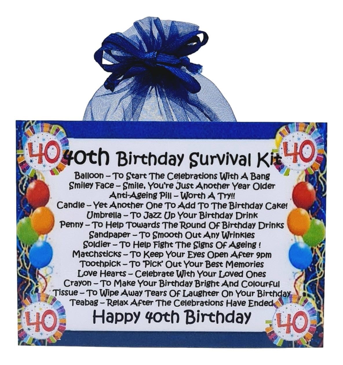40th Birthday Survival Kit ~ (Blue) ~ Unique Sentimental Novelty Gift & Greetings Card | Happy Birthday | 40th Birthday Gift | Personalised Keepsake