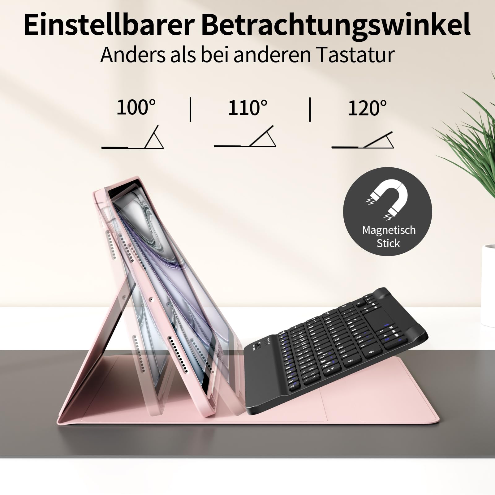 Etui z klawiaturą do iPad Air 11" 2024/2025 (M2/M3), do iPad Air 5./4. generacji 2022/2020 10,9", z miękkiej TPU z uchwytem na rysik, odpinanym klawiaturą Bluetooth QWERTZ, różowe