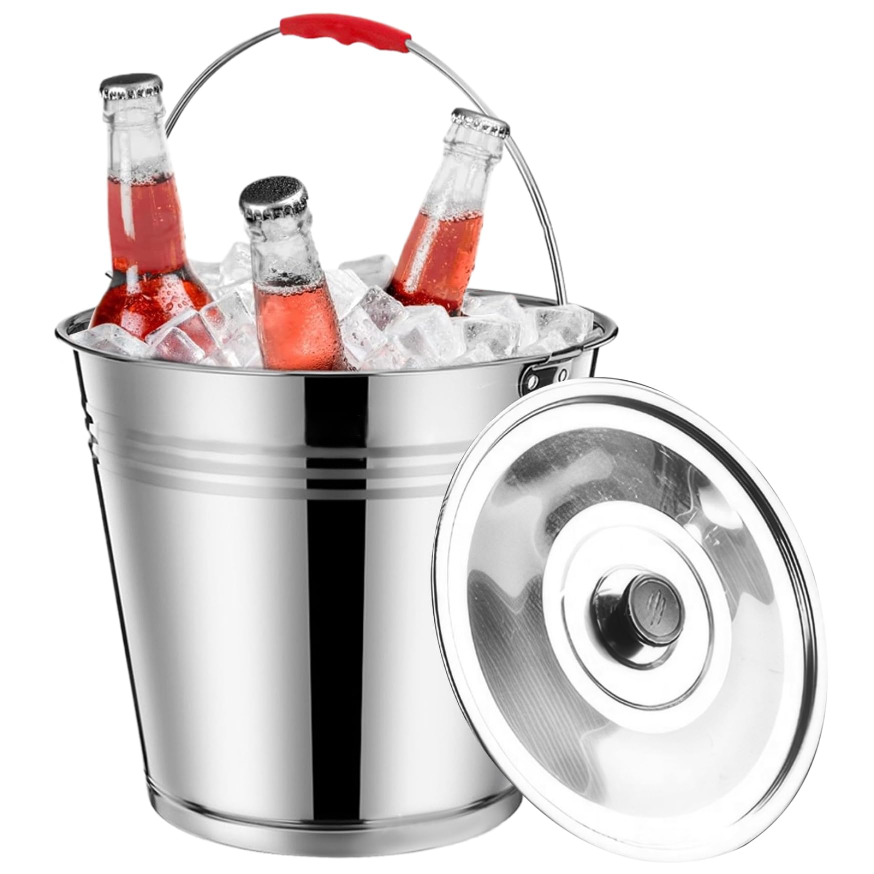 Cubo de hielo de acero inoxidable pulido de 5L con aislamiento térmico y tapa para barras de bar