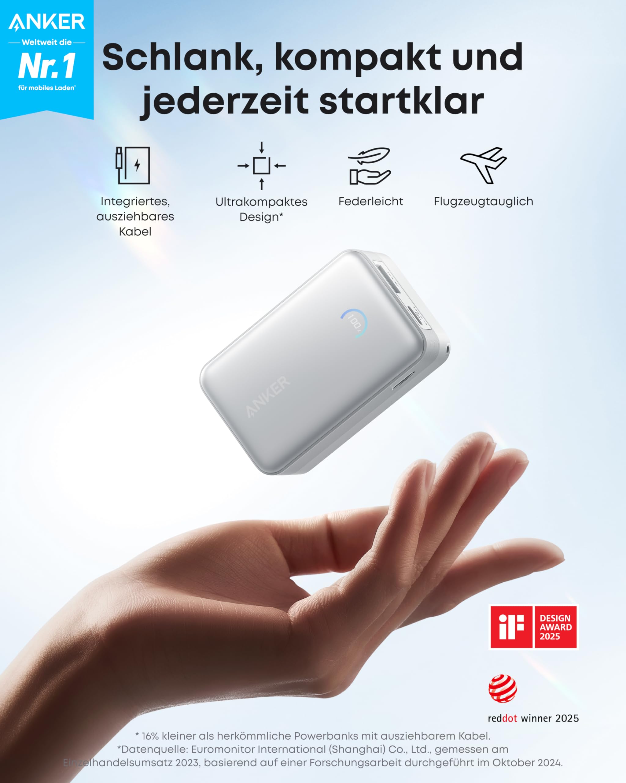 Anker Smart Ladegerät (45W USB C, mit Display) & Anker Powerbank (10.000mAh, 45W mit 70cm InstaCord Einzugskabel)