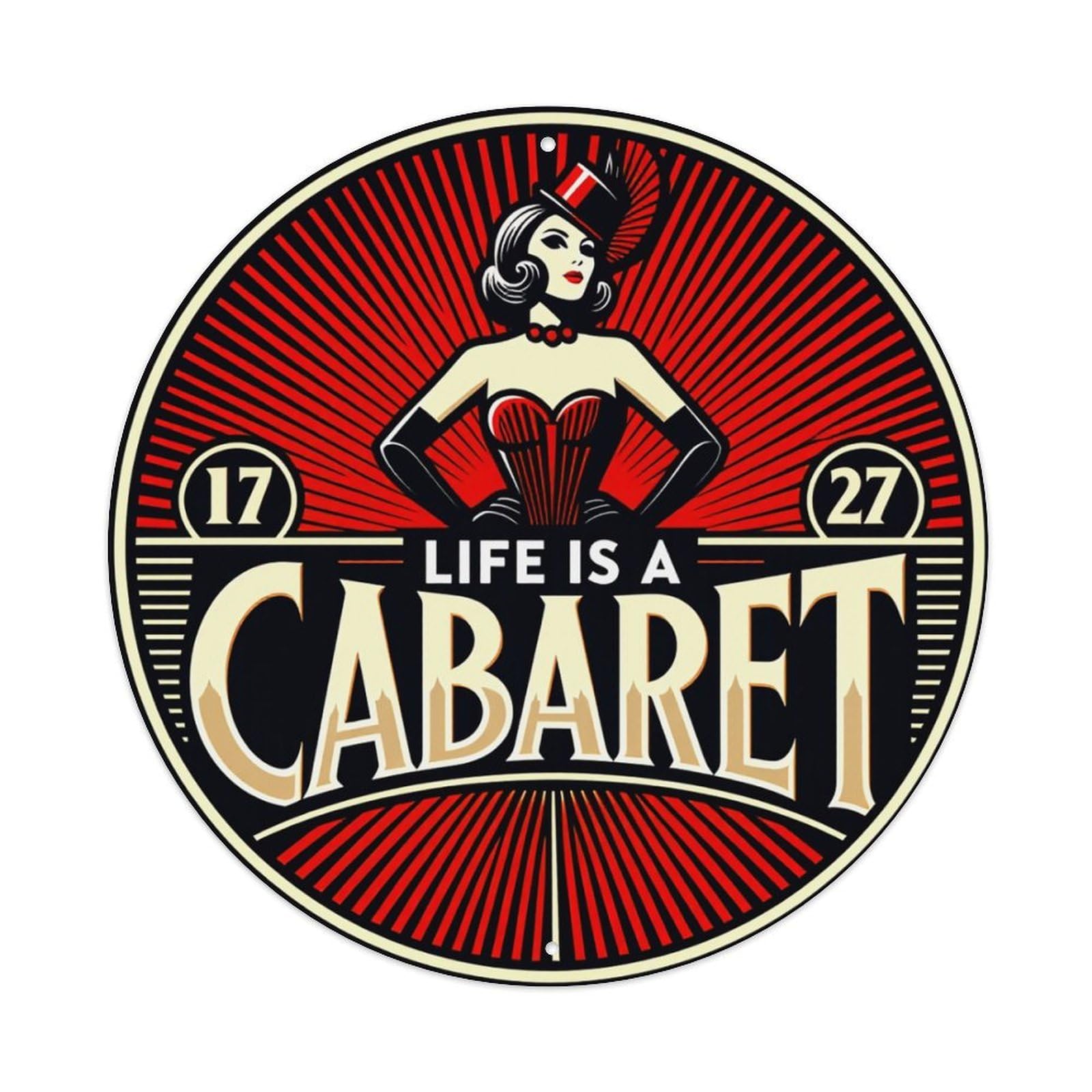 Cabaret Woman Red Background Art Vintage Metal Tin Sign Retro Wall Decor for Home Bar Garage Cafe, Indoor & Outdoor Decorative，circle Metal Poster, 8x8 Inch