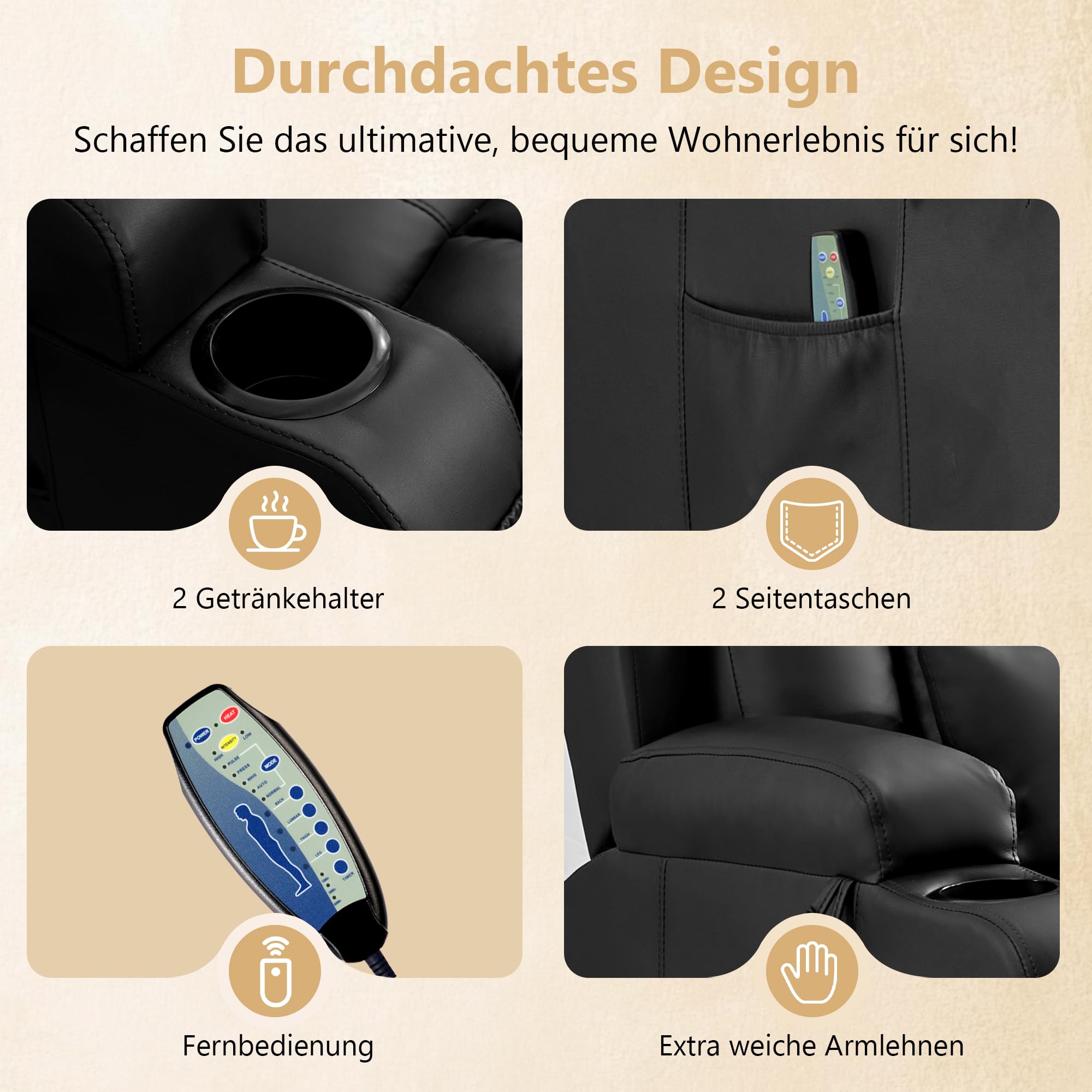 Relaxsessel mit Liegefunktion, Massagesessel mit Wärmefunktion, 360° Drehbarer Fernsehsessel Wohnzimmer, Schaukelstuhl mit Kissen/Seitentaschen/Getränkehalter (Schwarz)