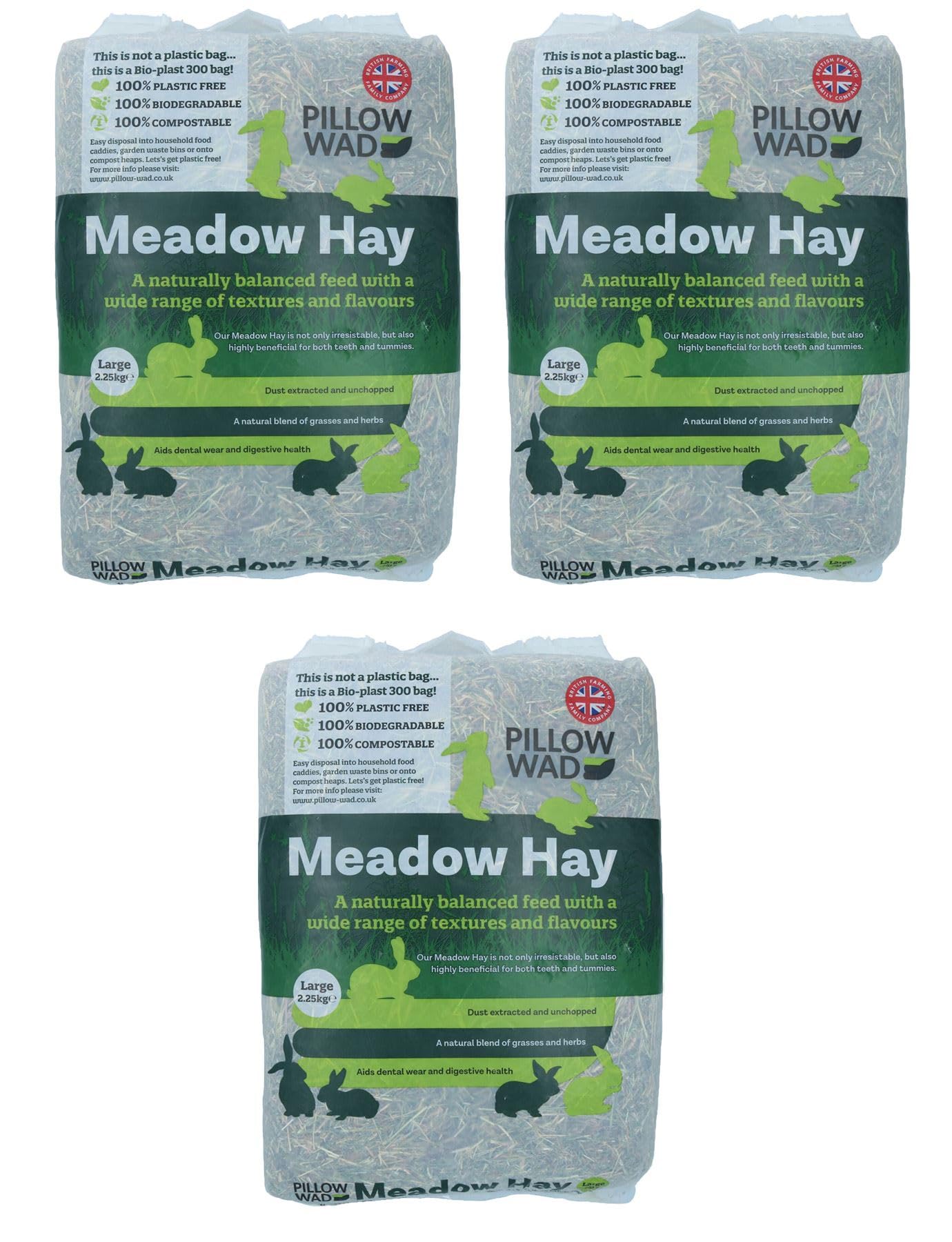 AB Tools 3pk Large Bio Meadow Hay Small Animal Bedding Feeding 2.25KG