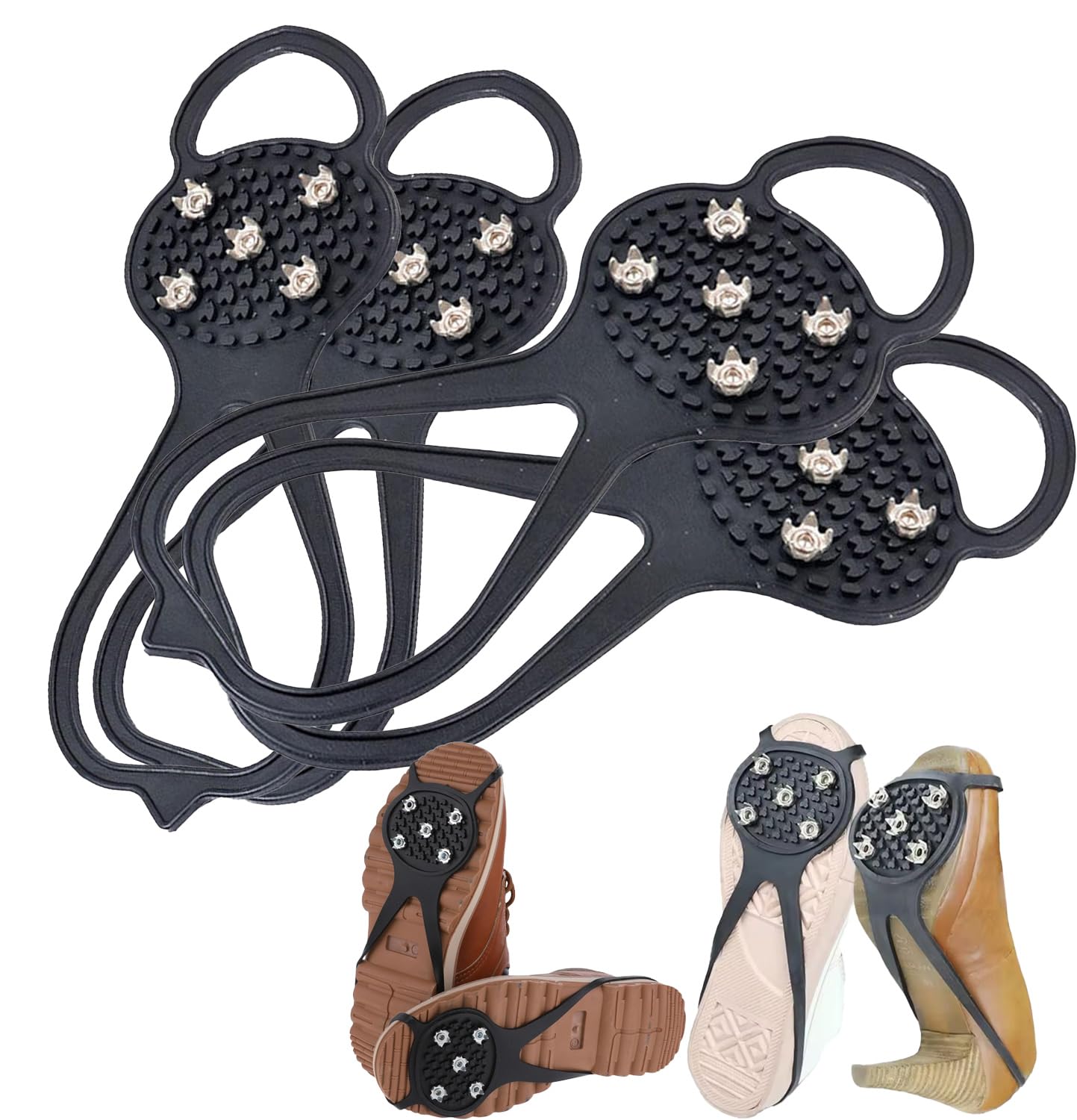 2 Pairs Ice Grippers for Boots and Shoes Anti Slip Snow Cleats with Heavy Duty Steel Spikes Traction for Winter Walking Hiking Climbing Outdoor Travel Fishing Camping for Men and Women
