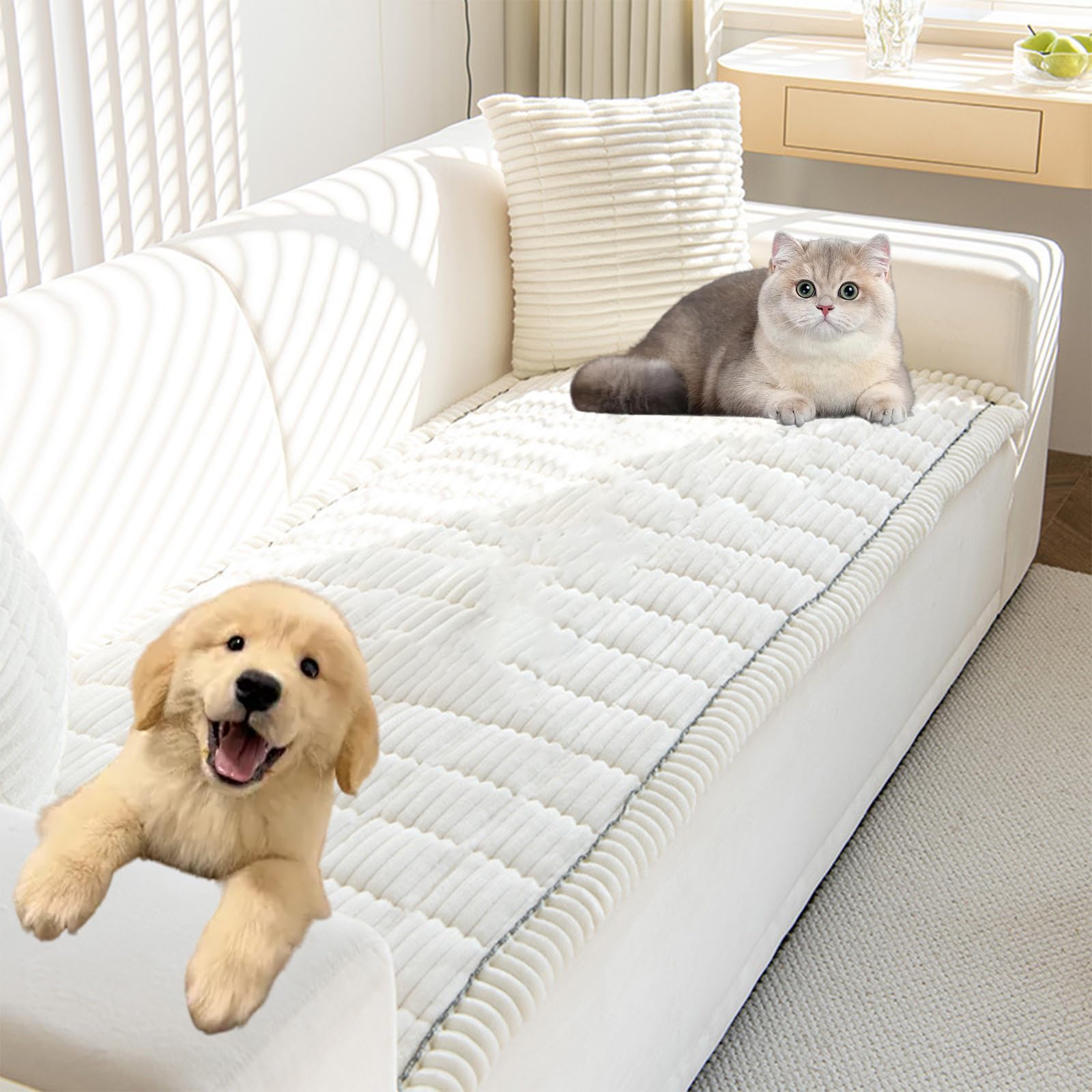 Cosy Plush Pet Seat Sofa Cover, Non Slip Couch Cover, Pet Friendly Sofa Cover 2/3/4 Seater, L Shape, Washable Sofa Pad Protector from Pets/Kids/Dogs (White, 60x210cm)