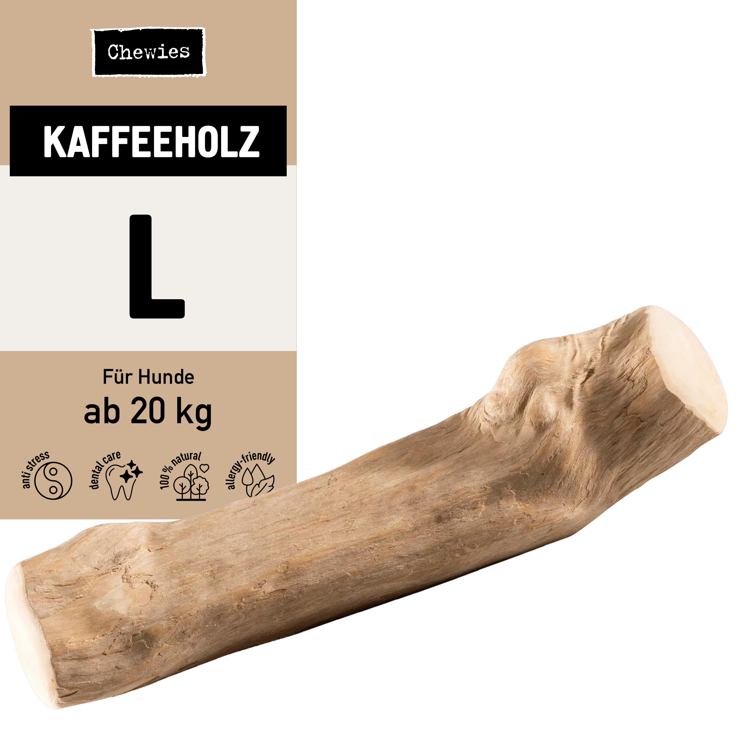 Chewies Kau-Knochen Hunde-Spielzeug aus Kaffeeholz, 100% natürliches Hundezubehör, Kauspielzeug Hund über 20kg, Kaustab Größe L