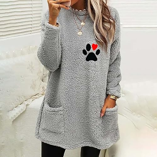 Miniatura 2 de Sudadera cálida de forro polar Sherpa para mujer, acogedora, suave, con cuello redondo, mullida, con estampado de patas, de corazón, manga larga,