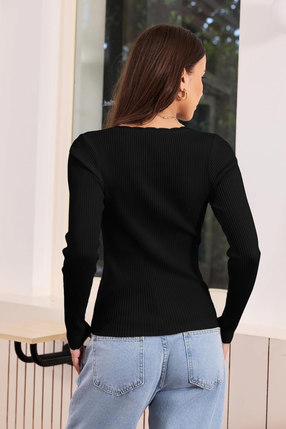 Women's V Neck Scalloped Sweaters Long Sleeve Ligheweight Shirts 2026 Fall Fashion Knitted Tops - Image 7
