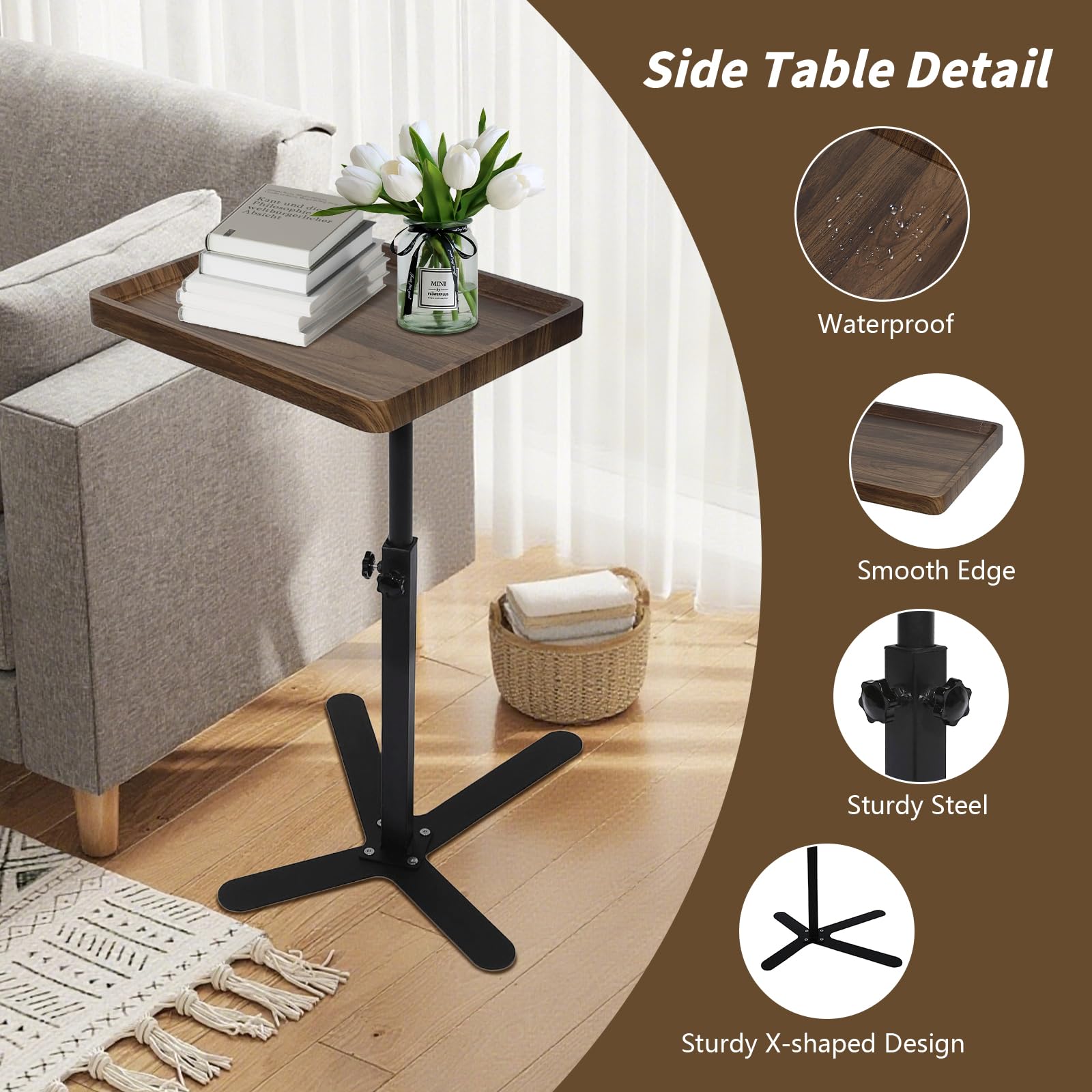 XUDREZ Tavolino regolabile a forma di C con piano girevole a 360°, tavolino per soggiorno, camera da letto, divano, vasca da bagno, comodino, infermieristica
