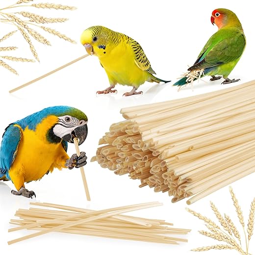 MAQIHAN Bird Chew Toys - 200 Count Natural Wheat Straw Parrot Shredding Foraging Toy for Beak,Interactive Bird Cage Toys for Parakeets, Cockatiels, Conures, Cockatoos