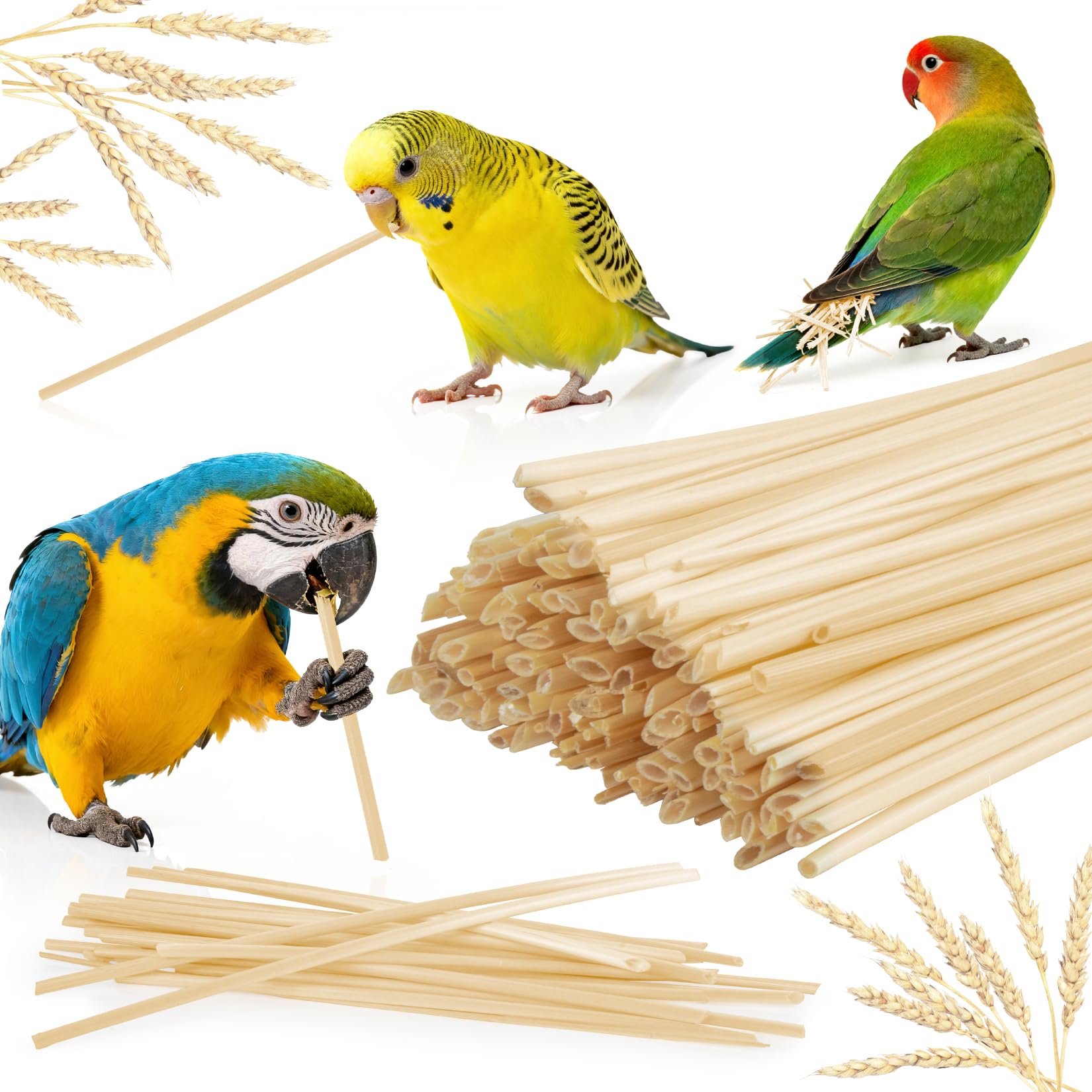 MAQIHAN Bird Chew Toys - 200 Count Natural Wheat Straw Parrot Shredding Foraging Toy for Beak,Interactive Bird Cage Toys for Parakeets, Cockatiels, Conures, Cockatoos
