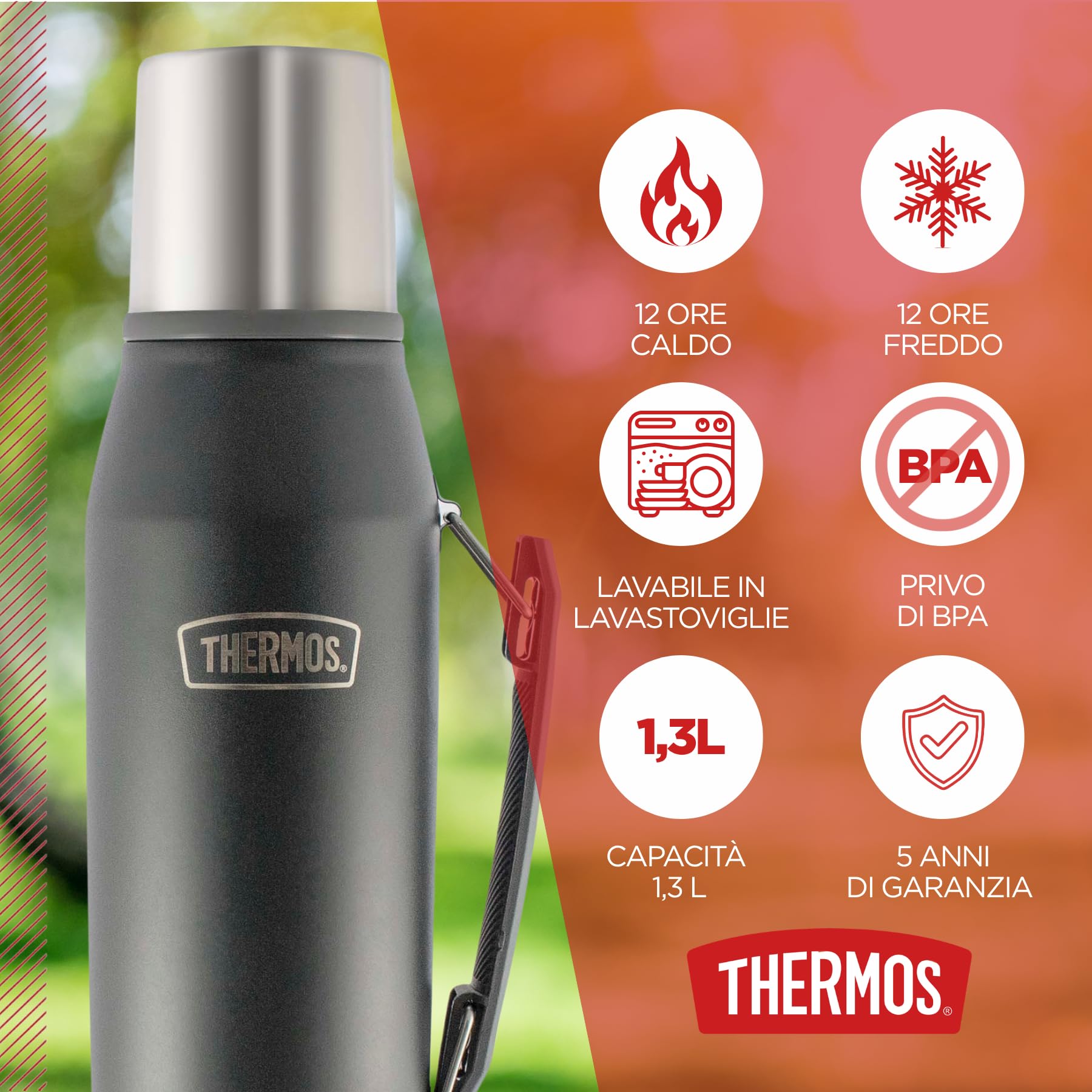 THERMOS - CORTINA - Botella isotérmica de acero inoxidable con mango y base antideslizante, tratamiento True-Coat, 1,3 l (Matte Gray)