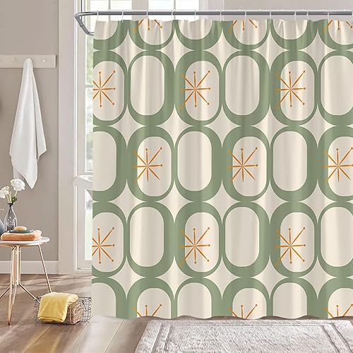 Miniatura 3 de Cortina de ducha de mediados de siglo, moderna abstracta con diseño de explosiones de estrellas atómicas, cuadrados, retro, años 50, decoración