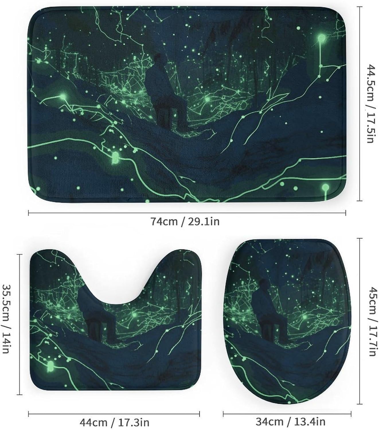 Shower Curtain Set Glow in The Dark Bathroom 4 Set with Non-Slip Rugs Toilet Lid Cover and Bath Mat Waterproof Bath Accessories for Bathroom Decor Set 72" X 72"