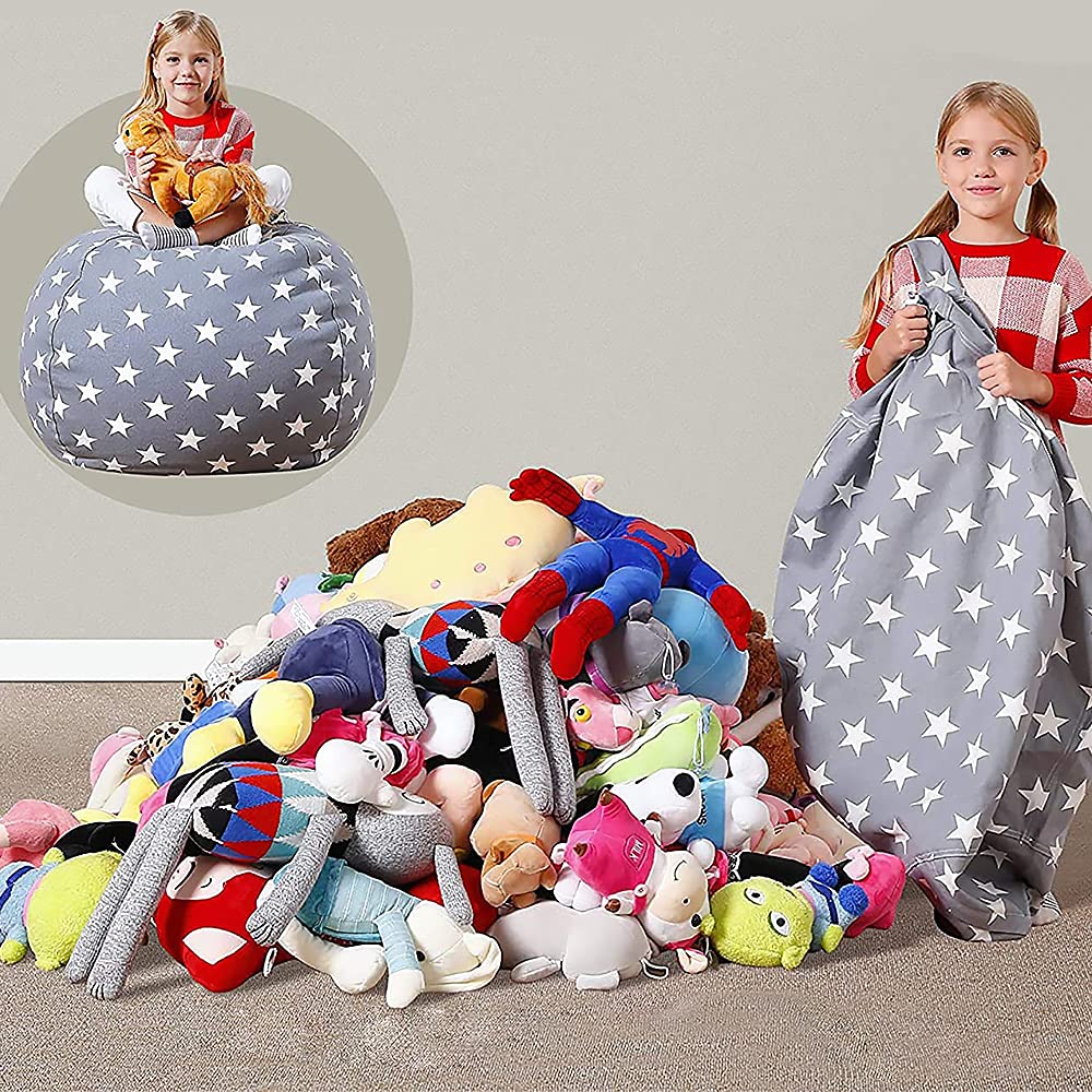 Borsa Portaoggetti per Giocattoli Peluche, Sacco Stoccaggio Bambini, Pouf in Peluche, Tela Grande Pouf Sacco per Animali Peluche, Comodo Morbido, per Bambini Leggere e Conservare i Giocattoli (Grigio)