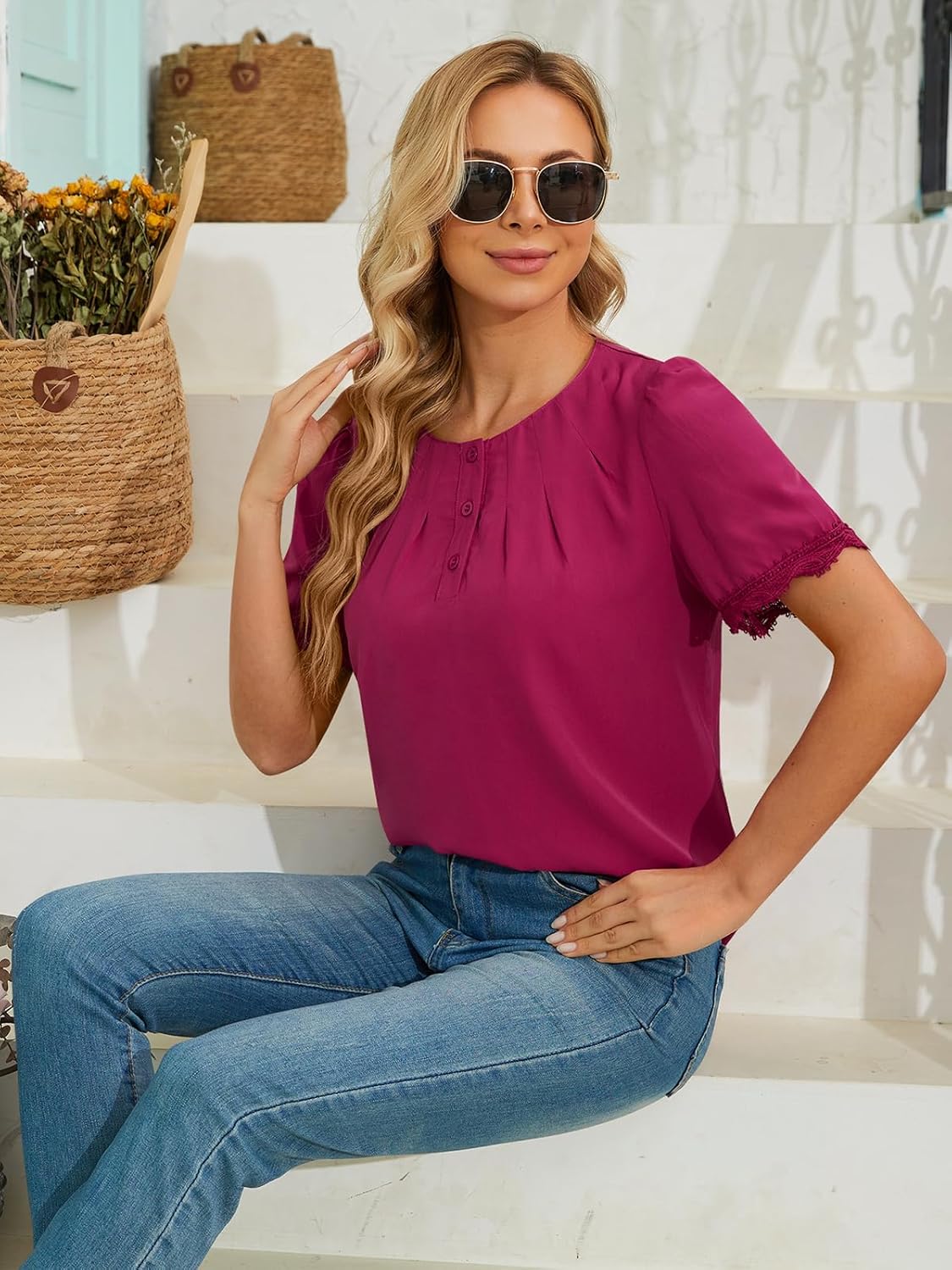 Women's Dressy Casual Blouses Short Sleeve Crew Neck Business Work Tops Lace Trim Summer Button Soft Loose Shirts - Image 4