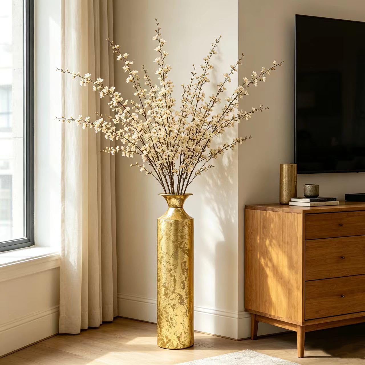 Hosley Jarrón Alto Decorativo de Metal Dorado para Bodas, Fiestas, SPA, meditación Reiki, O5 (55 cm de Alto)