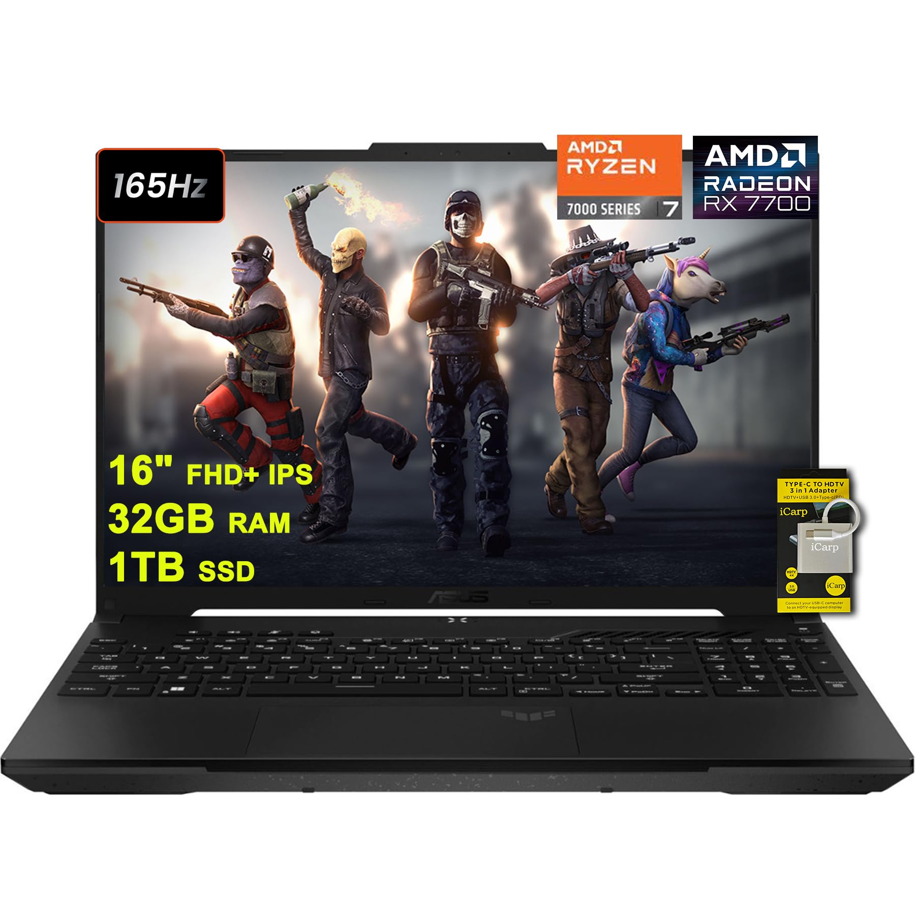 TUF Gaming A16 Laptop 16" FHD+ 165Hz 7ms 100% sRGB AMD Octa-core Ryzen 7 7735HS 32GB RAM 1TB SSD Radeon RX 7700S 8GB (>RTX4060) Backlit Type-C USB4 Fast Charging Win11 ICP Accessory
