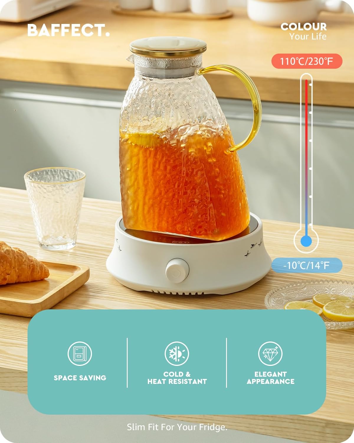 Baffect Water Pitcher, Glass Pitcher With Lid And Handle, 63 Oz / 1.8 L High Borosilicate Glass Jug For Fridge Door, Carafe For Hot/Cold Iced Tea Juice Coffee Milk Beverage （Glacier-Textured） - Image 2