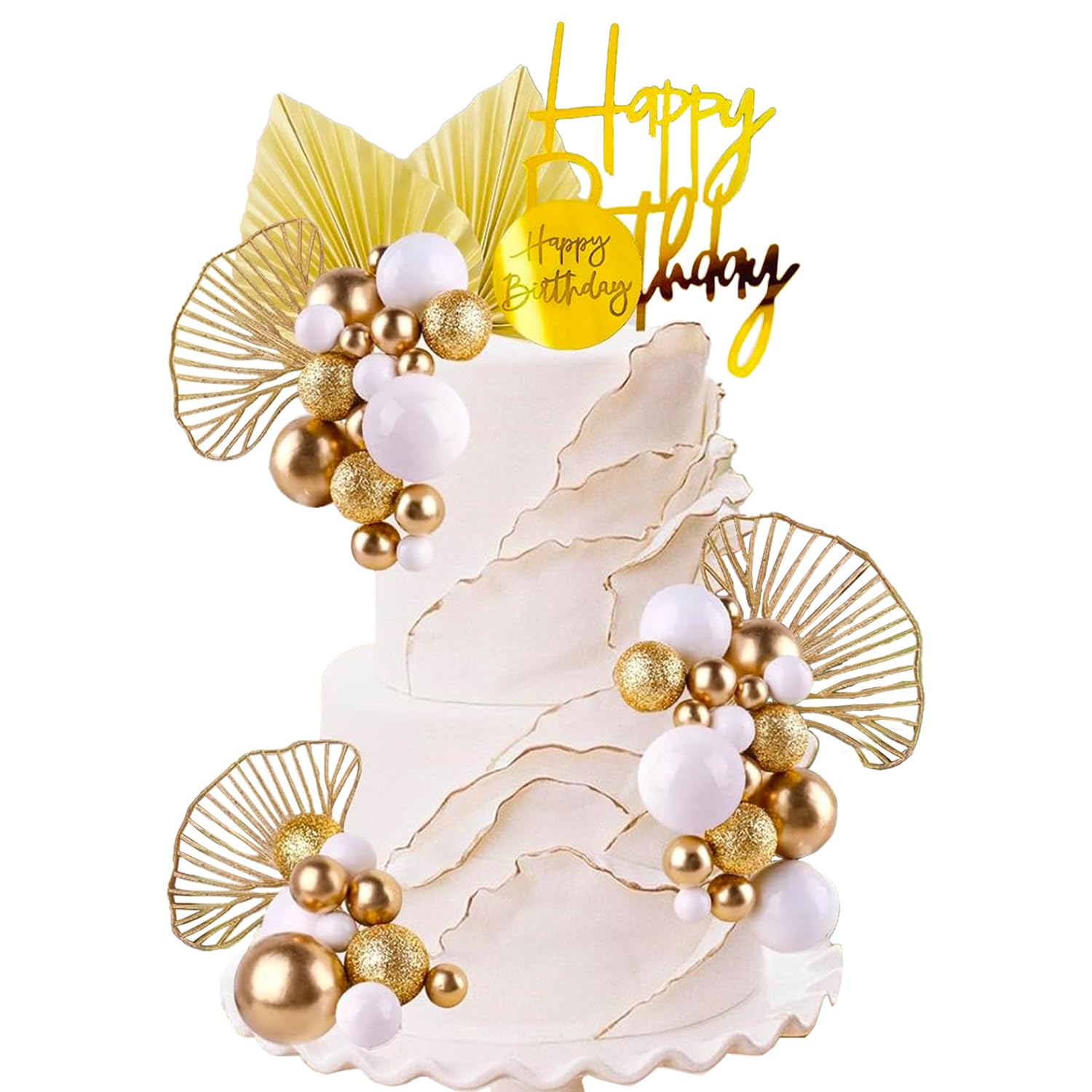DYSWTUE 29 PCS Gold Cake Decorations, Golden Palm Leaves Bohemian Cake Decorations, White Gold Balls, Cupcake Insert, For Birthdays, Theme Party, Christenings, Anniversary