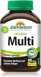 Jamieson Advanced Multivitamin with Energy Support, With 100 mg Natural Caffeine, Supports Immune Health, and Overall Wellness. 100% Complete Vitamins, with Vitamin B12, Zinc, Calcium, and Magnesium, Vegetarian, One Per Day, 90 Caplets