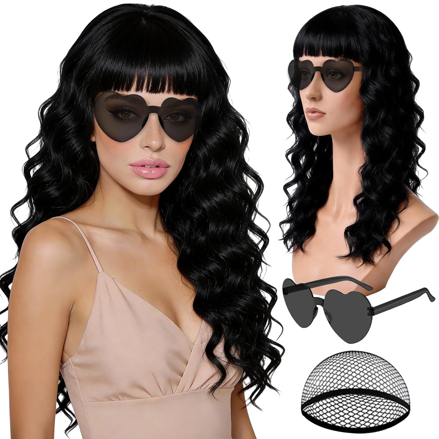 Black Wave Wig for Women with Heart Sunglasses for Women, Funny Long Curly Wavy Wigs with Hair Cap Wavy Curls for Daily Wear Shopping Wedding Sisters Gathering Holiday Music Festival Black Wave Wig for Women with Heart Sunglasses for Women, Funny Long Curly Wavy Wigs with Hair Cap Wavy Curls for Daily Wear Shopping Wedding Sisters Gathering Holiday Music Festival