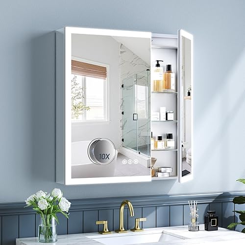 Miniatura 17 de Botiquín de 24 x 32 pulgadas con luces, marco de aleación de aluminio, enchufable o cableado, empotrado o montaje en pared, puertas de espejo/3