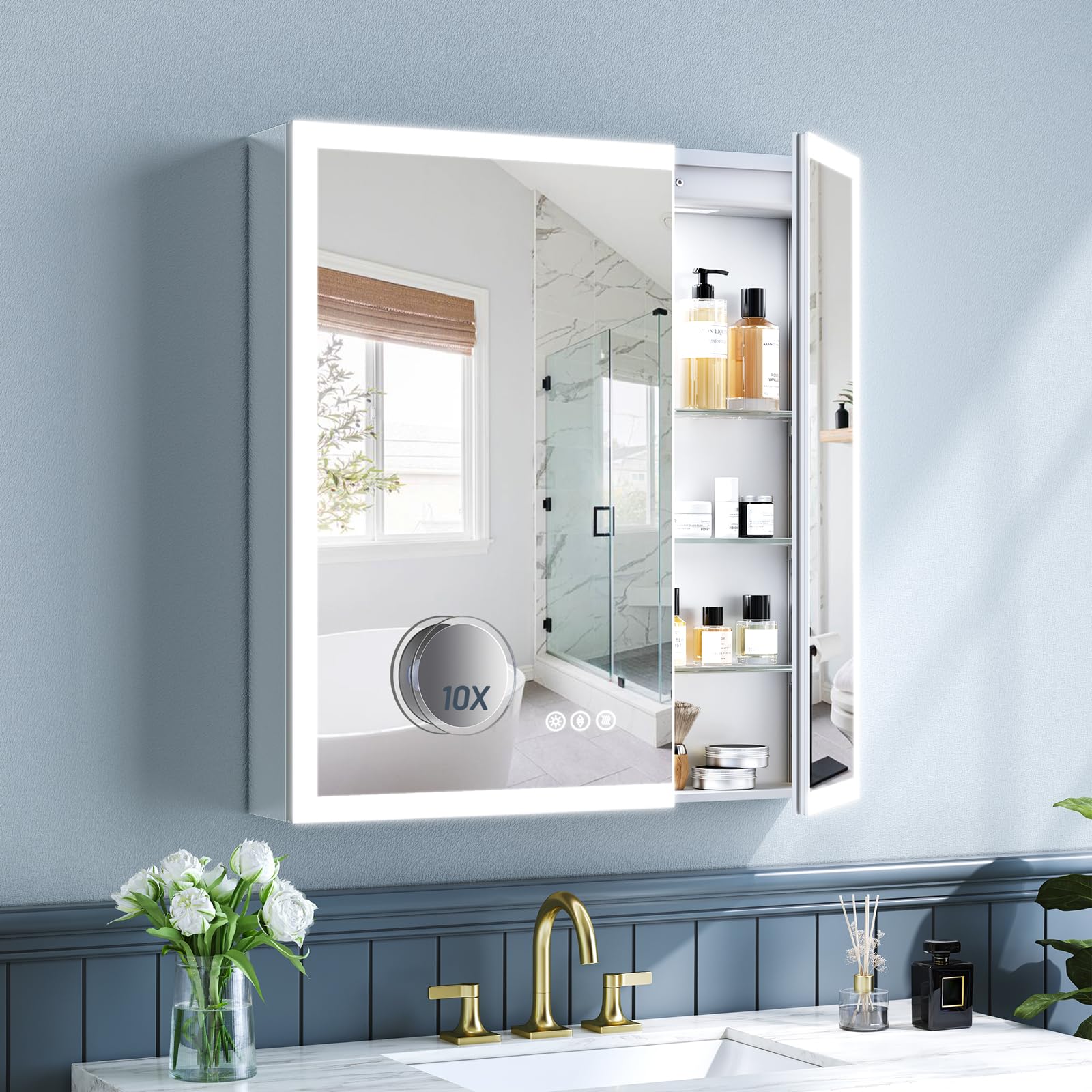 TIFULLHOME 30x32 Inch Lighted Medicine Cabinet, AL Alloy Frame, Plug-in or Hardwired, Recessed or Wall Mount, Mirror Doors/3 Colors/Dimmable/Interior Sensor Light/Anti-Fog, 2 Outlets &USBs, 3 Shelves