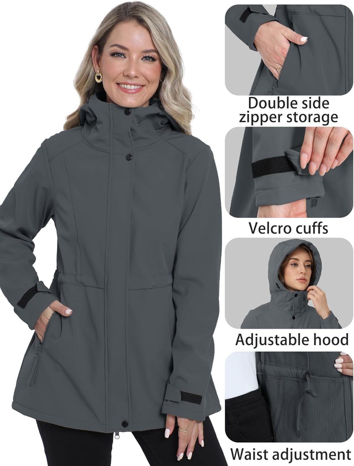 Women's Softshell Jacket Lightweight Waterproof Windbreaker Hooded Fleece Lined Insulated Coat for Outdoor Travel - Image 4