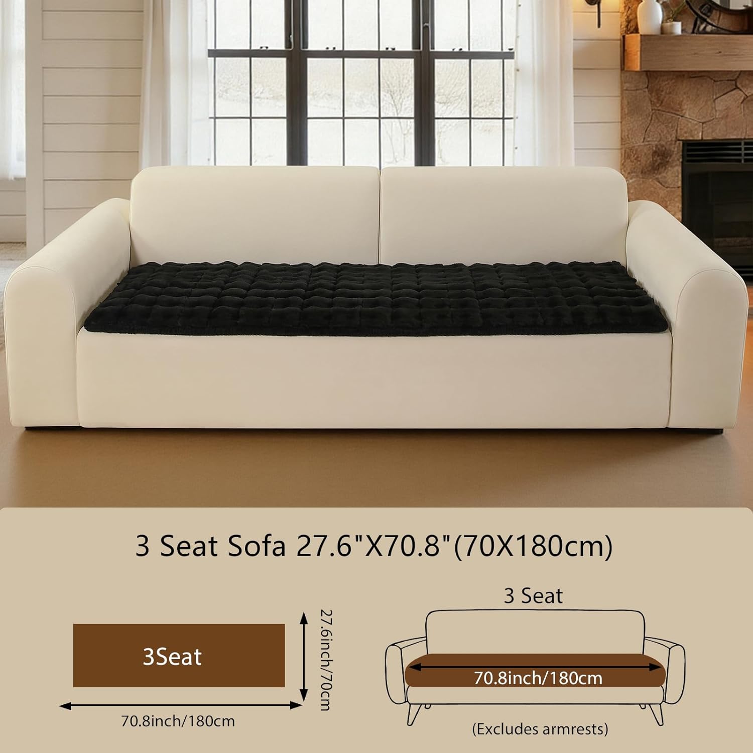 OHSIO Couch Cover for Pets Plush, Non Slip Cozy Sofa Cover Pet Friendly, Soft Thick Fuzzy Sofa Slipcovers for 3 Cushions Washable Couch Sofa Funiture Protector(Black,27.6'' x 70.8'')