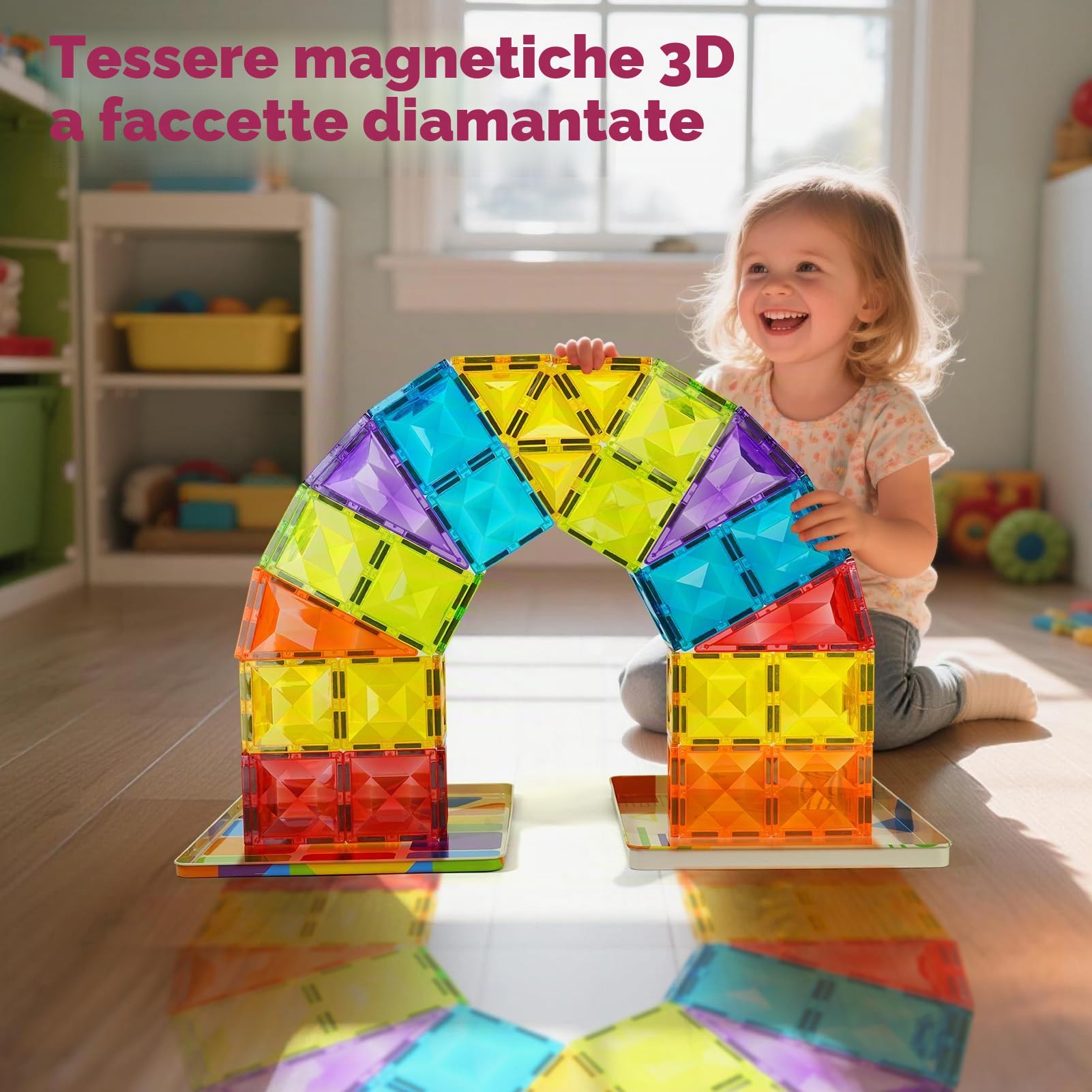 7,5CM Costruzioni Magnetici, 48 pezzi Tessere Magnetiche Colorati con Grande Scatola da Gioco in Ferro, Giocattoli Blocchi Magnetici Regali di Natale e Compleanno per Bambini di 3 4 5 6 7 8 anni