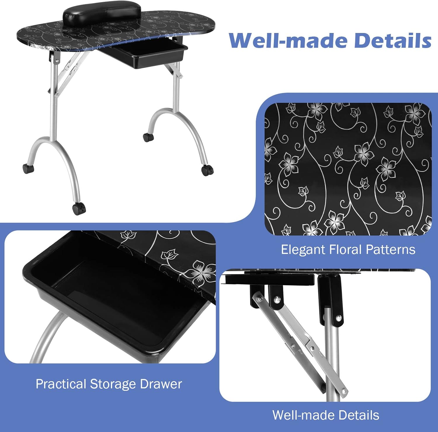 Details of the Giantex Manicure Table, including the practical storage drawer and elegant floral patterns.