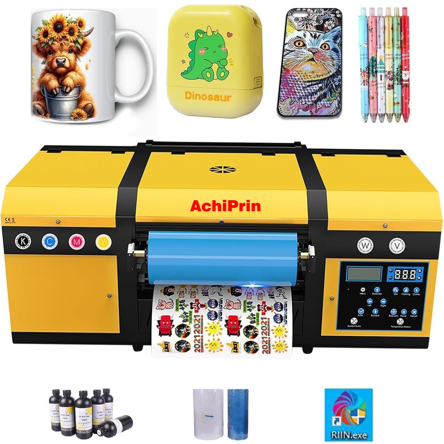 A3 UV DTF Printer with 100M AB Film and UV DTF Ink, Dual XP600 Print Heads,2 in 1 UV DTF for Leather,Glass,Metal,Wood,Phone Cases,and More (UVDTF Printer Kit)