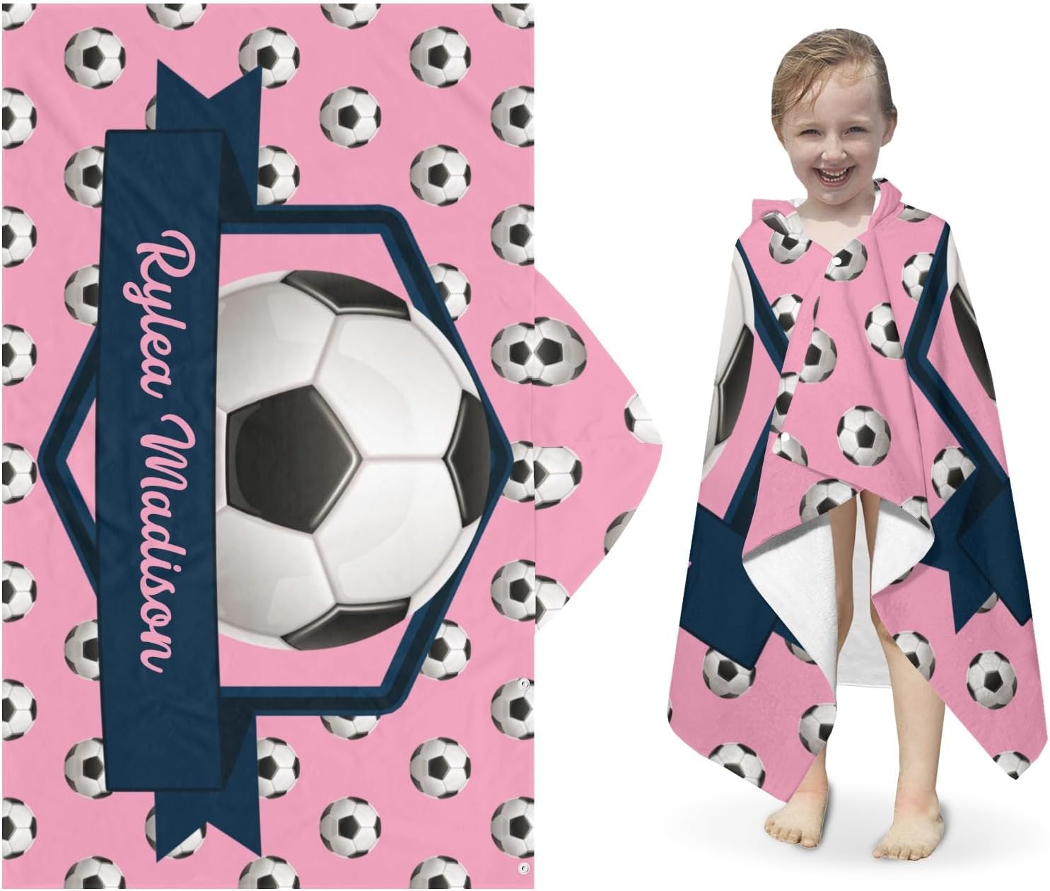 Sport Soccer Pink Personalized Hooded Towel Absorbent Wrap Soft Pool Beach Bath Towels Hood Poncho for 5-12 Years Kids Boys Girls