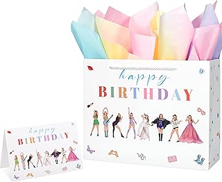 Crisky Large Happy Birthday Gift Bags for Women with Tissue Paper and Card, Music Lovers, Pop Singer Birthday Gift Bag with Handles for Party Decorations Supplies, 13"