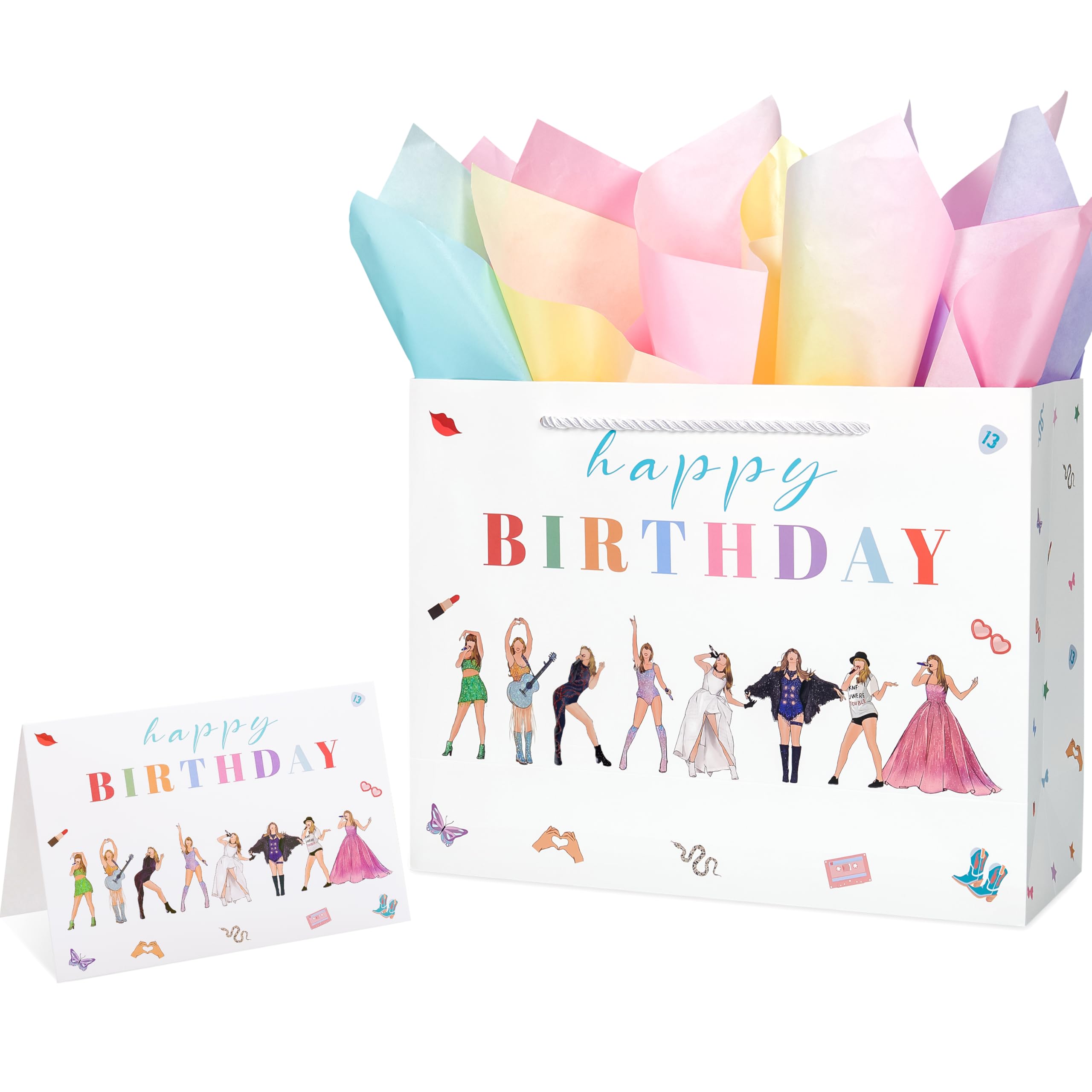 Crisky Large Happy Birthday Gift Bags for Women with Tissue Paper and Card, Music Lovers, Pop Singer Birthday Gift Bag with Handles for Party