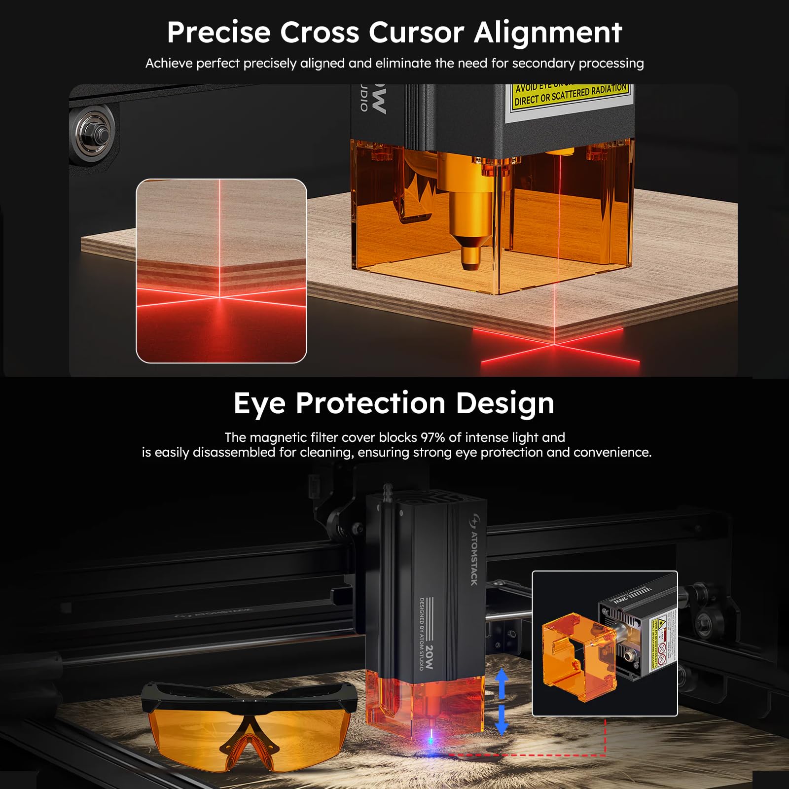 ATOMSTACK A20 Pro V2 20W Ausgangsleistung Laserschneider Lasergravierer mit R8 Rotationsfutter und F4 Waben Laserbett, APP Gravur, Compressed Spot Laser Graviermaschine für Holz Metall Acryl