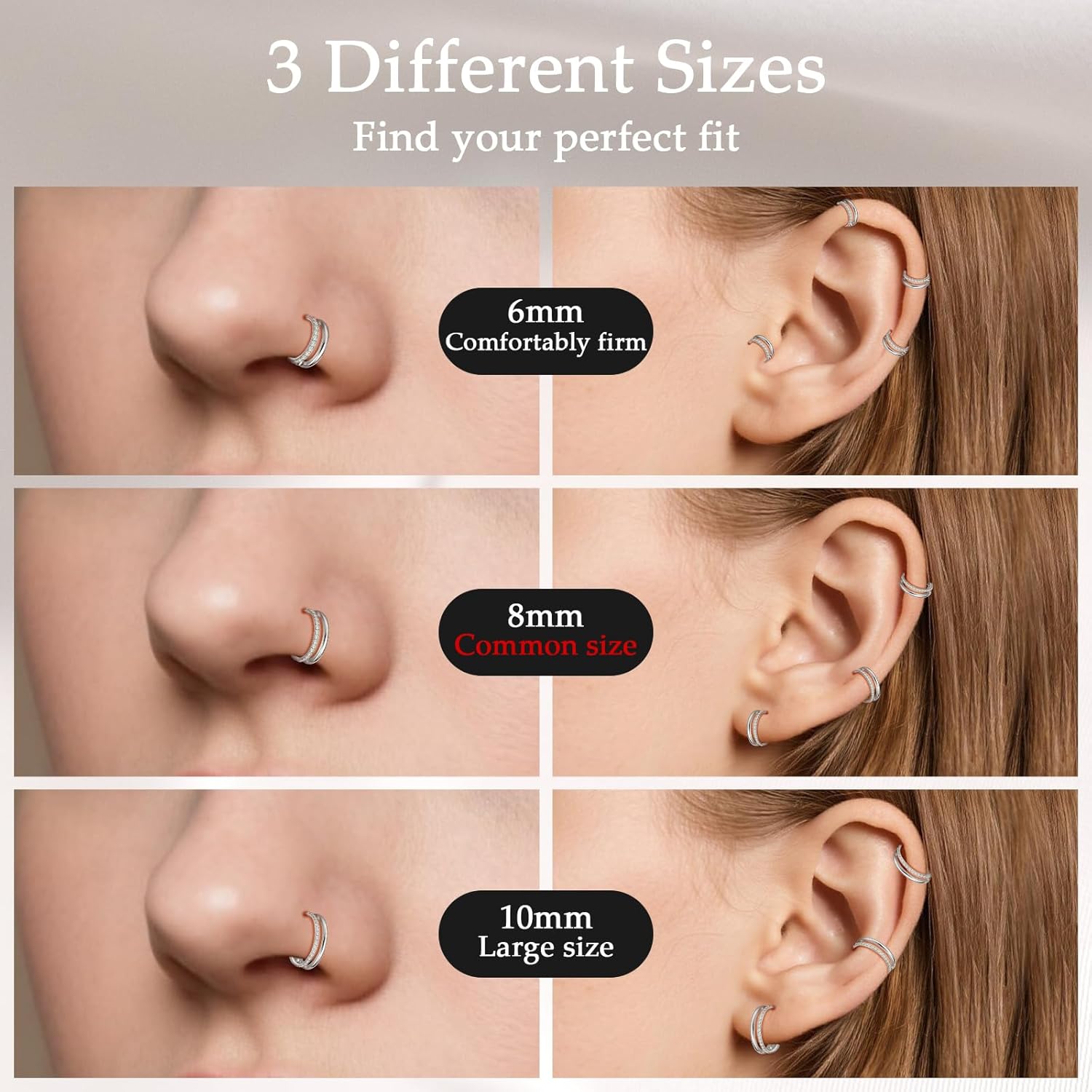 limerencia G23 Titanium Nose Earrings, 2PCS 6mm/8mm/10mm Implant Grade Hoop Rings, 16G 18G Hypoallergenic Septum Cartilage Helix Daith Conch Tragus Piercing Jewelry for Men Women - Image 5