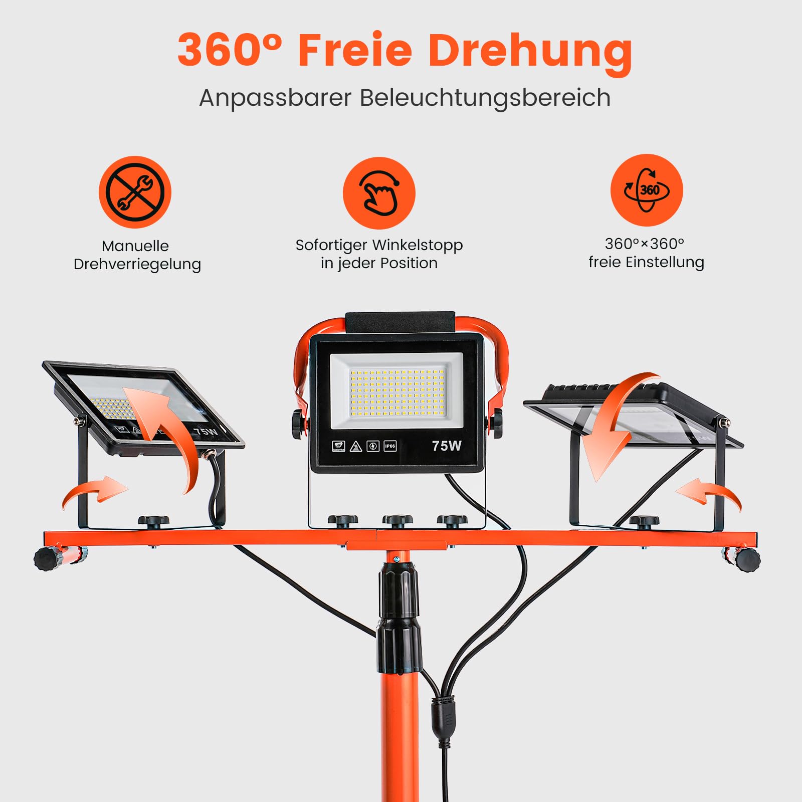 ETOOLAB Baustrahler LED mit Stativ | Baustrahler Led | 30000LM | 225W（ 3x 75W) | StrahlerArbeitsscheinwerfer 5m Bauscheinwerfer | Baustellenlampe | 98-200cm außen höhenverstellbar