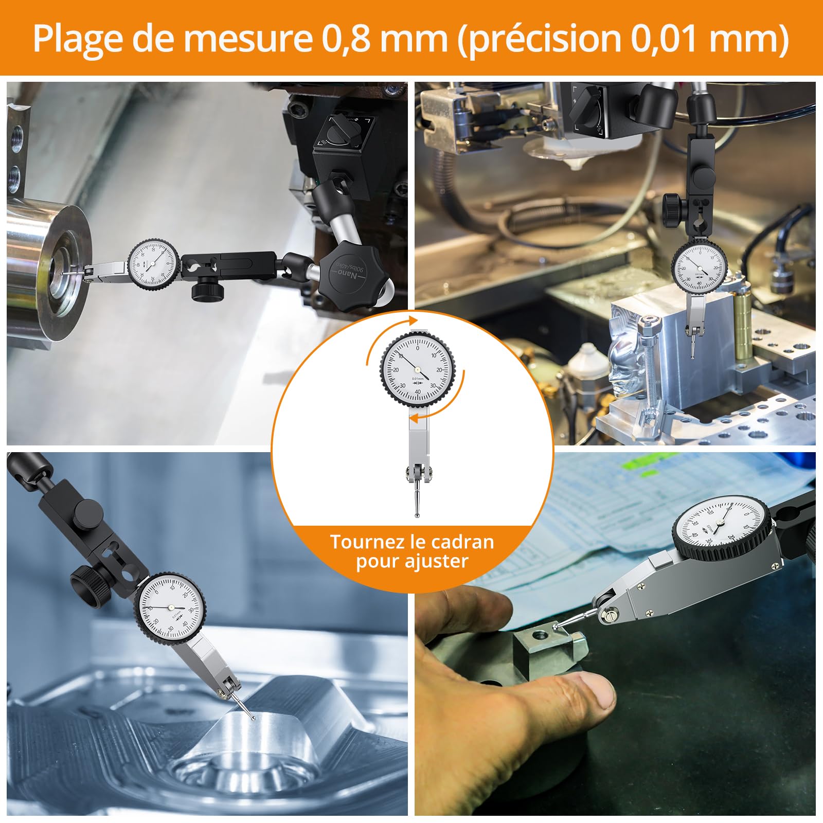 Neoteck Indicateur de Test Cadran Jauge 0-0.8mm avec Base Magnétique Comparateur à Levier avec Sonde 270° Rotation Base d'Indicateur à Cadran Magnétique Réglable pour Comparateur à Cadran