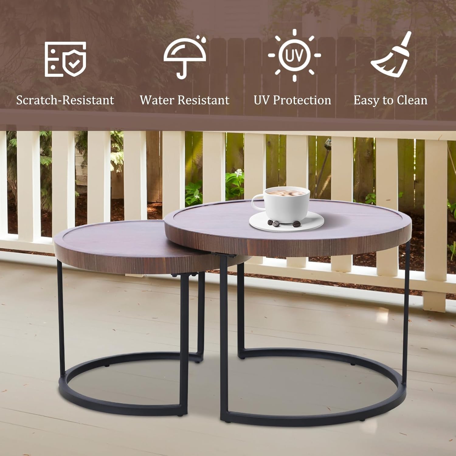 COOS BAY Sand Dune Nesting Tables with Ottoman, Round Wood Grain Coffee Table Set, Outdoor Patio Side Tables, Wicker Furniture Set of 3, Brown/Beige