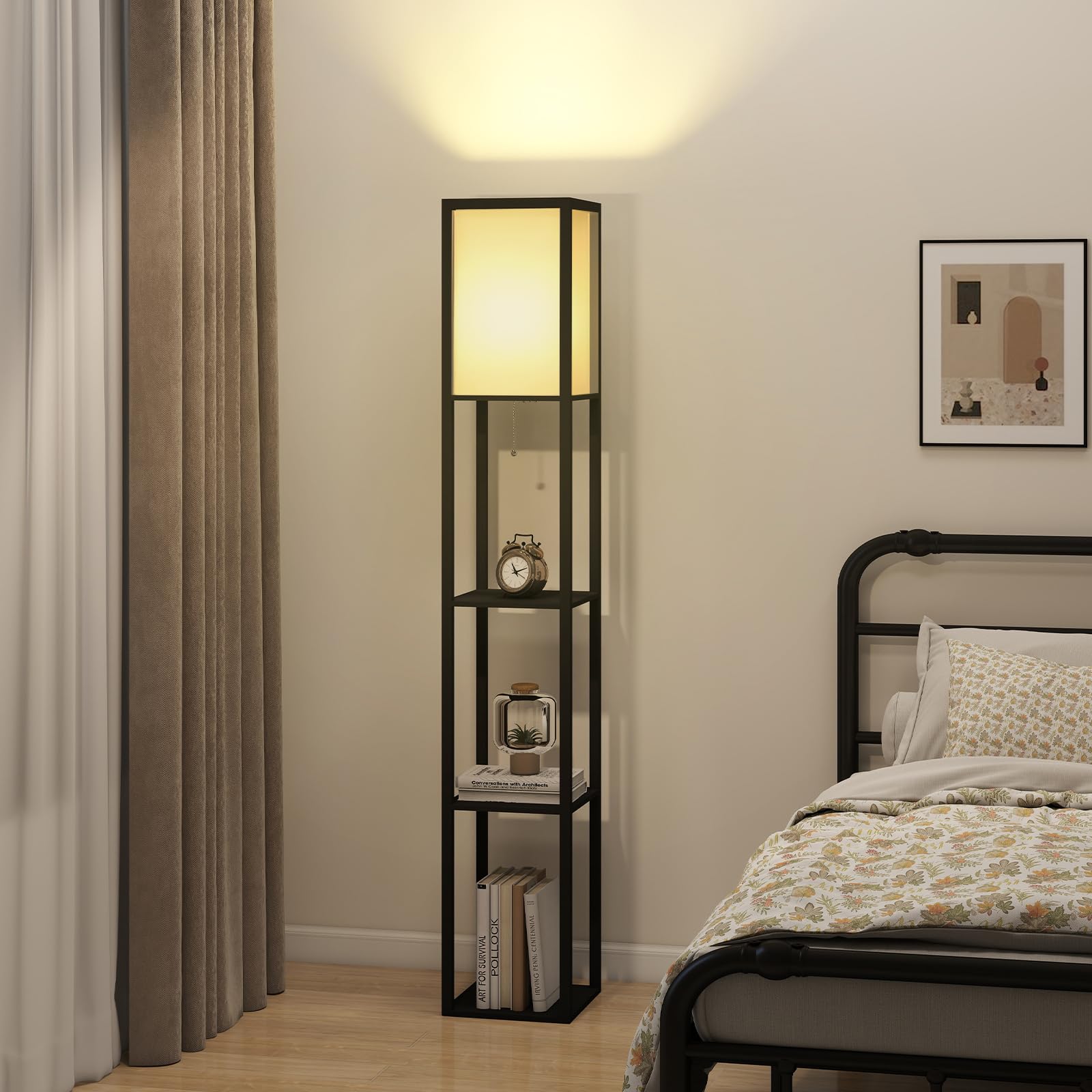 Fullwatt Stehlampe mit Holzregal Innenbeleuchtung Holz Stehleuchte mit Regalen für Schlafzimmer und Wohnzimmer (schwarz)