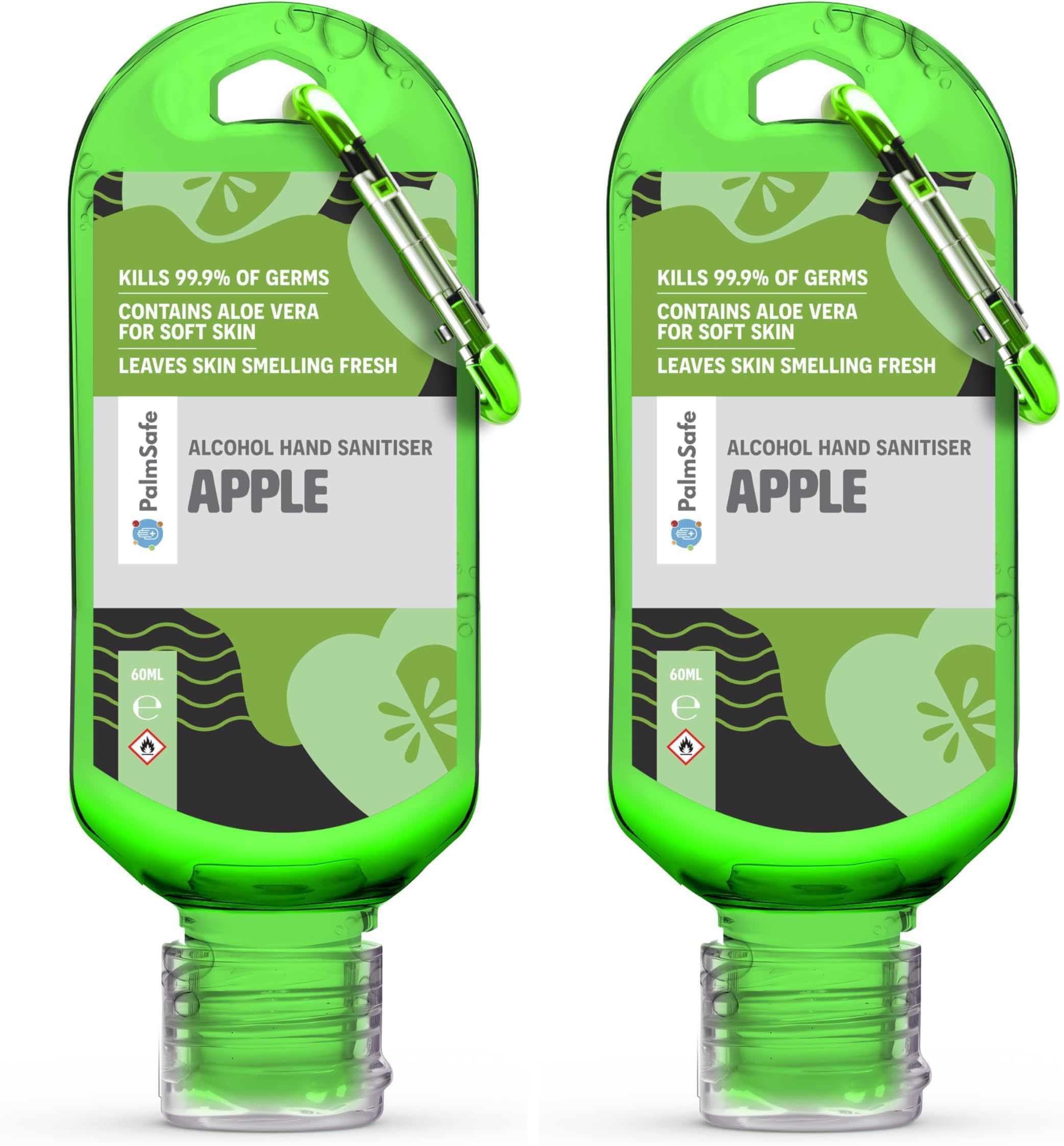 Palm Safe Apple 60ml Anti Bacterial Premium Hand Sanitiser Travel Size Refillable Clip Bottle Quick Drying Non Sticky Extra Moisturising Kills 99.9% of Viruses and Bacteria (Pack of 2)
