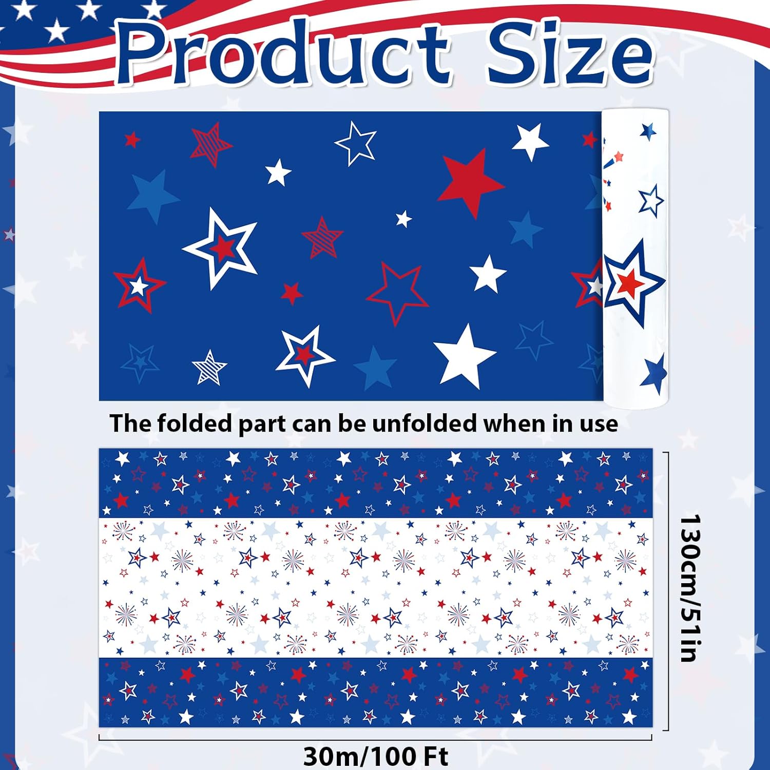 party greeting Patriotic 4th of July Tablecloth Roll for Independence Day 100ft x 51inch Memorial Day Table Cover with Red White Blue Star Veterans Day Backdrop for Patriotic Themed Party Supply
